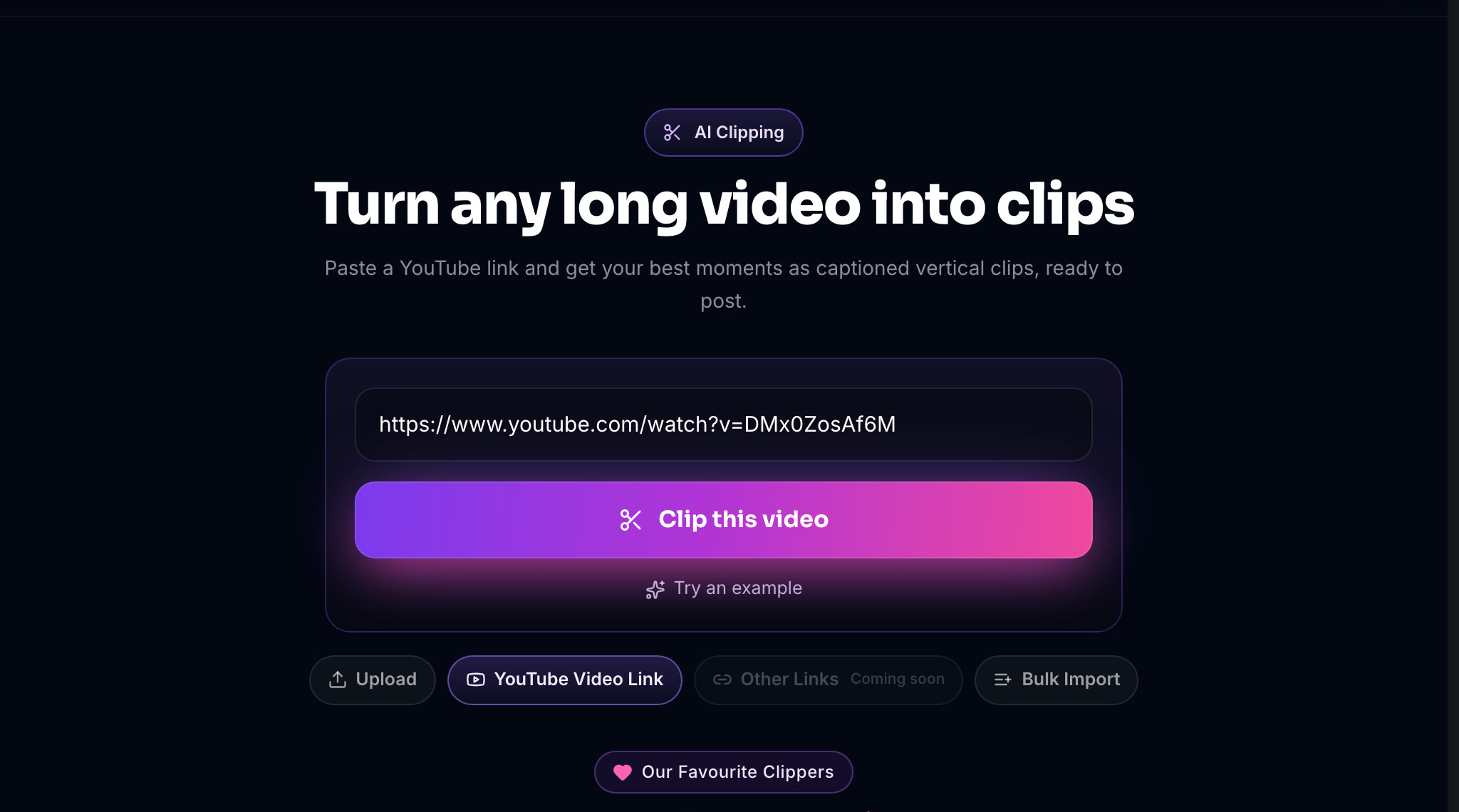 The AI Clipping app with a YouTube link pasted in and the Clip this video button