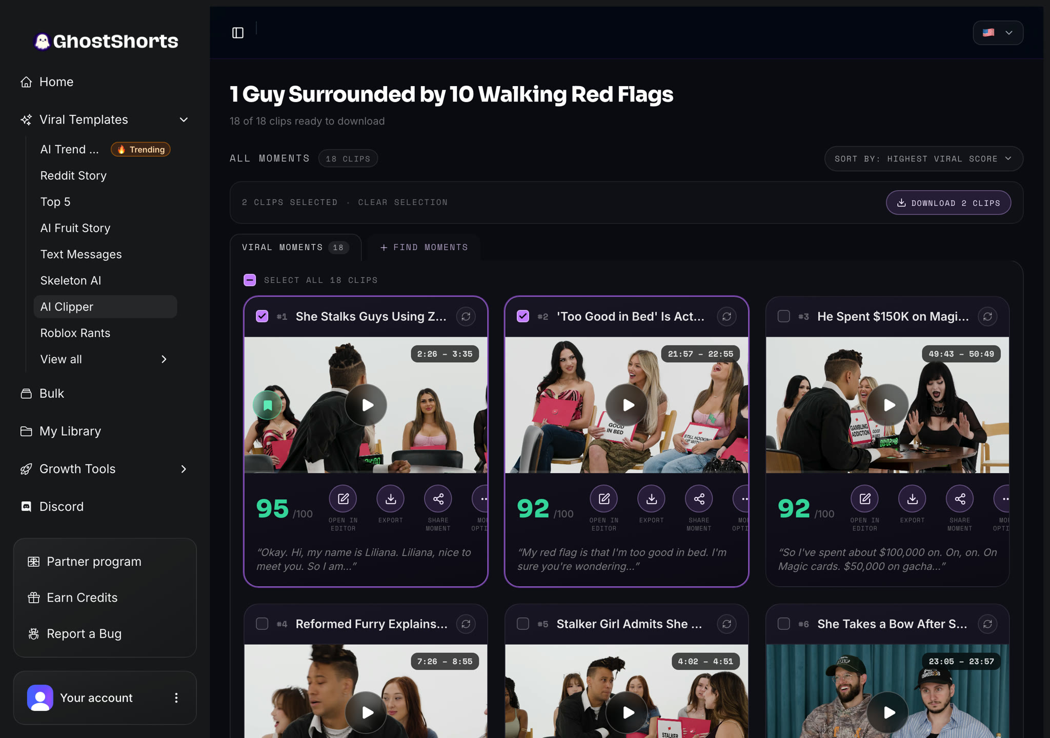 All 18 clips ranked by viral score, two of them ticked, with the Download 2 clips button