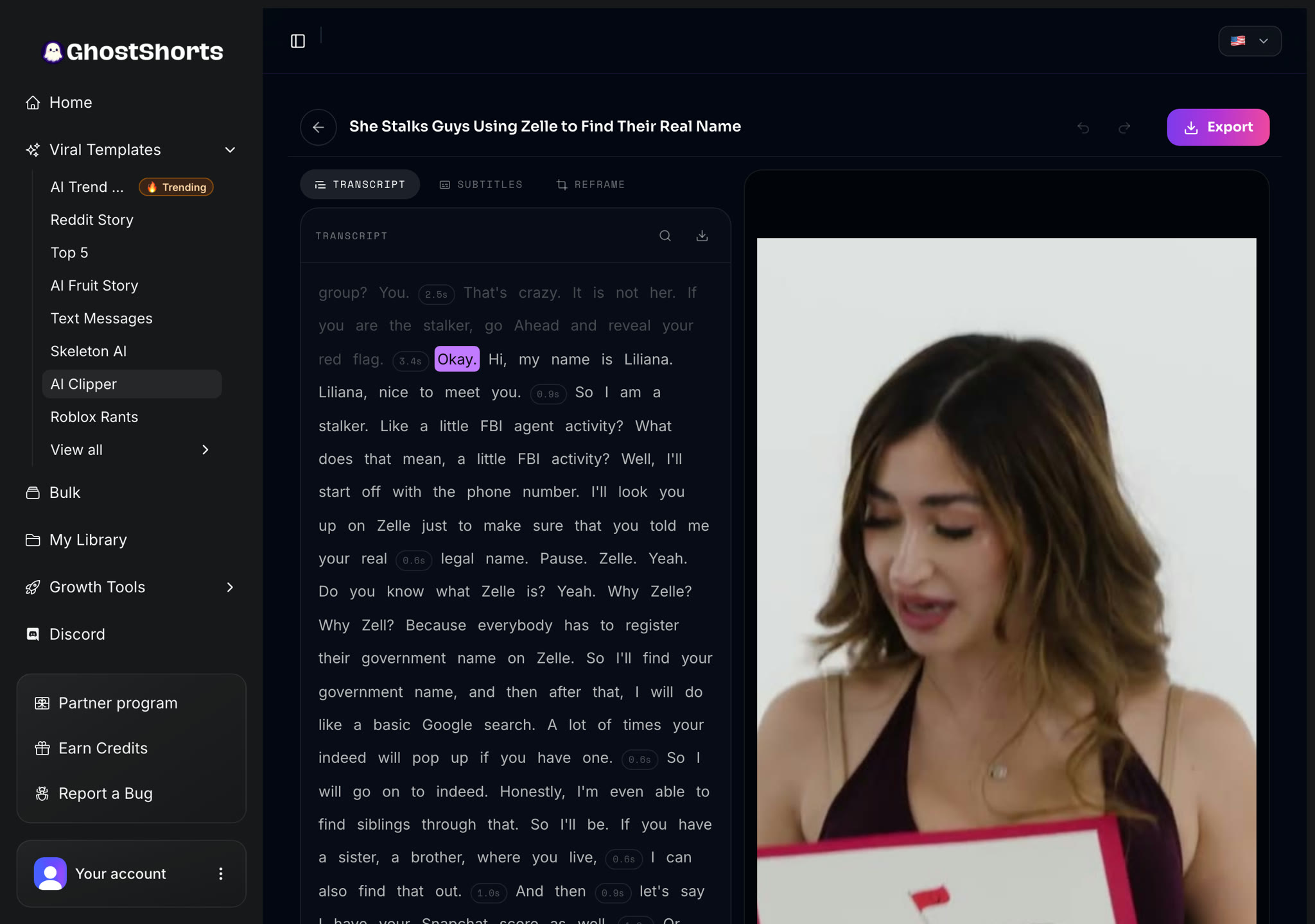 The clip editor with the word-by-word transcript, Subtitles and Reframe tabs, the vertical preview and the Export button