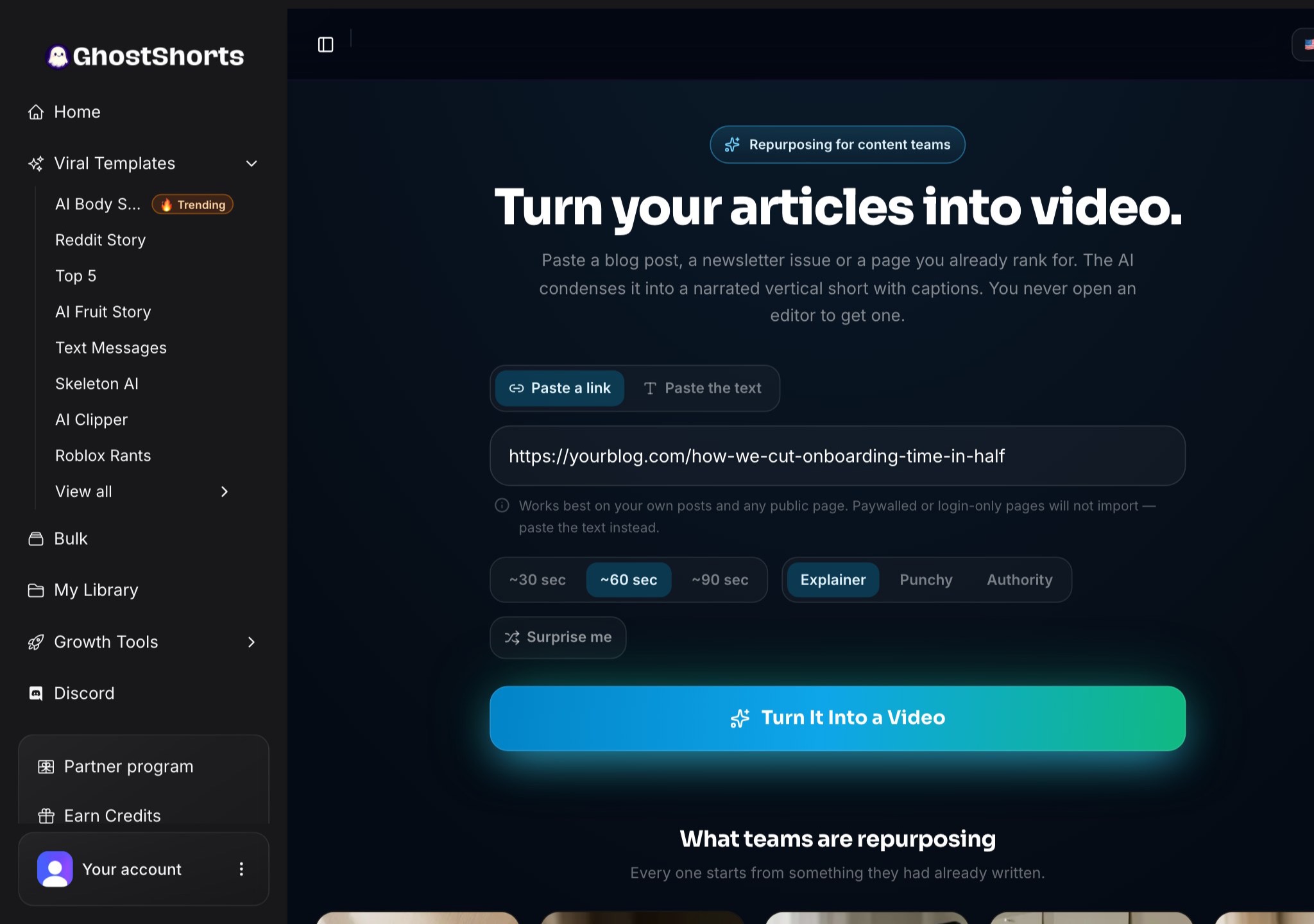 The Article to Video app: Paste a link or Paste the text, a blog post link typed in, the ~30, ~60 or ~90 second length, Explainer, Punchy or Authority tone, and the Turn It Into a Video button