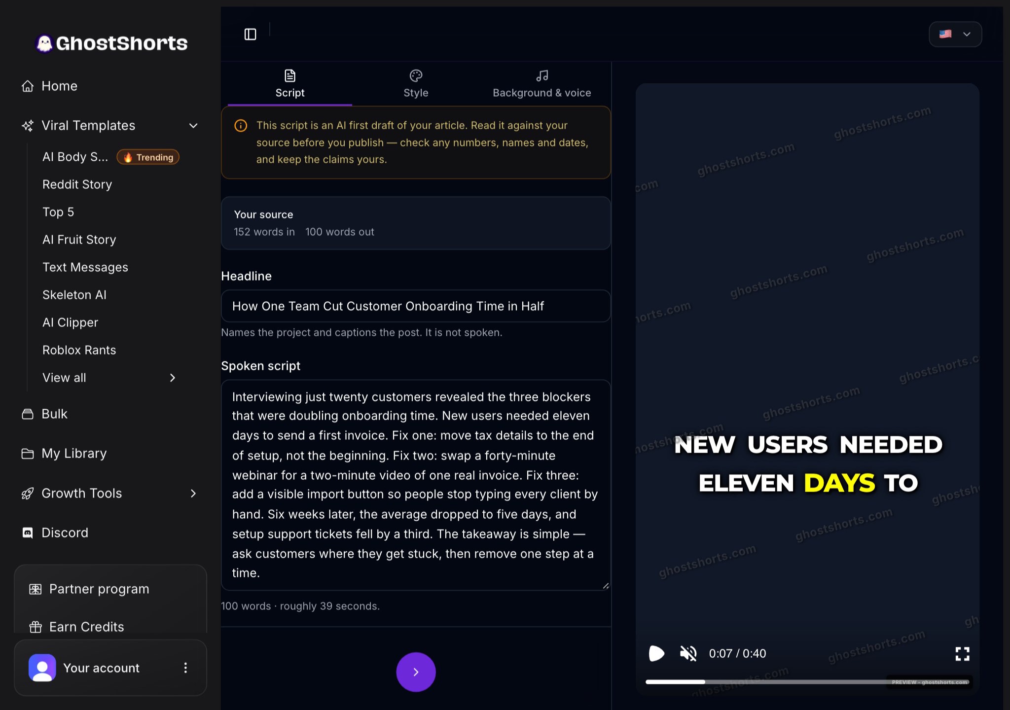 The editor Script tab: your source word count, the headline, the spoken script written from the post, and the preview playing a caption