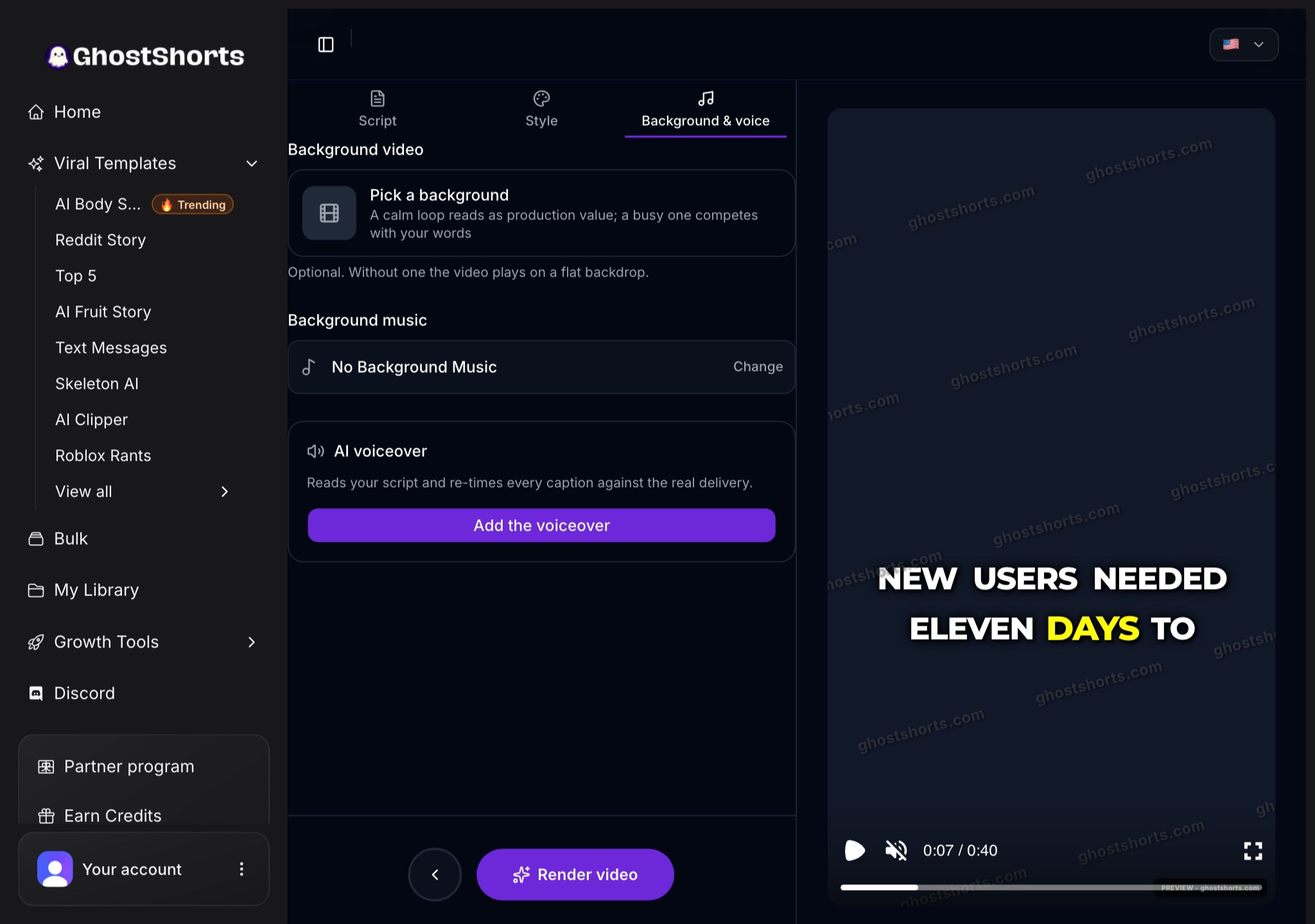 The Background & voice tab: Pick a background, Background music, the AI voiceover with an Add the voiceover button, and the Render video button