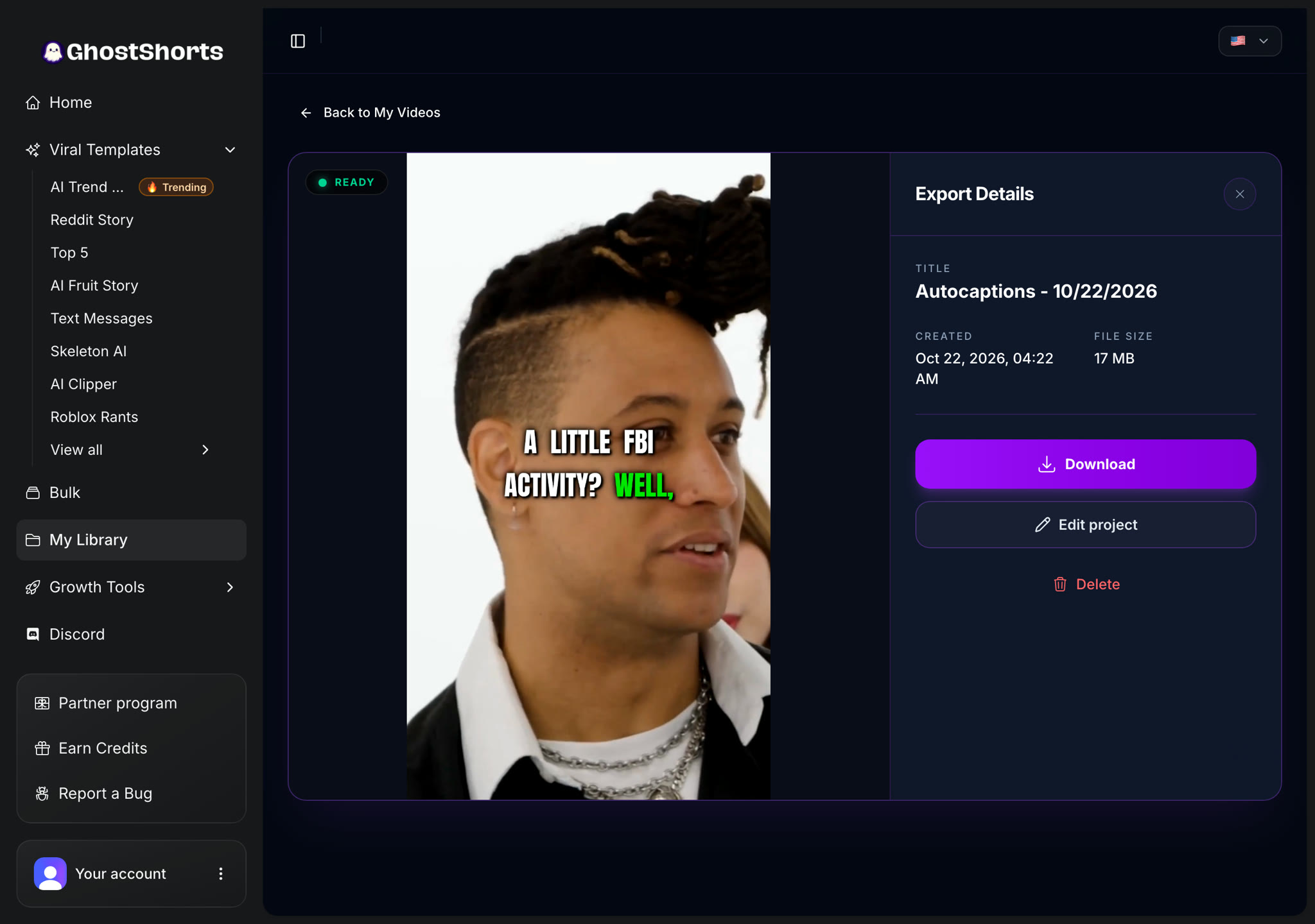The finished video page: the captioned video marked Ready, with Download and Edit project buttons