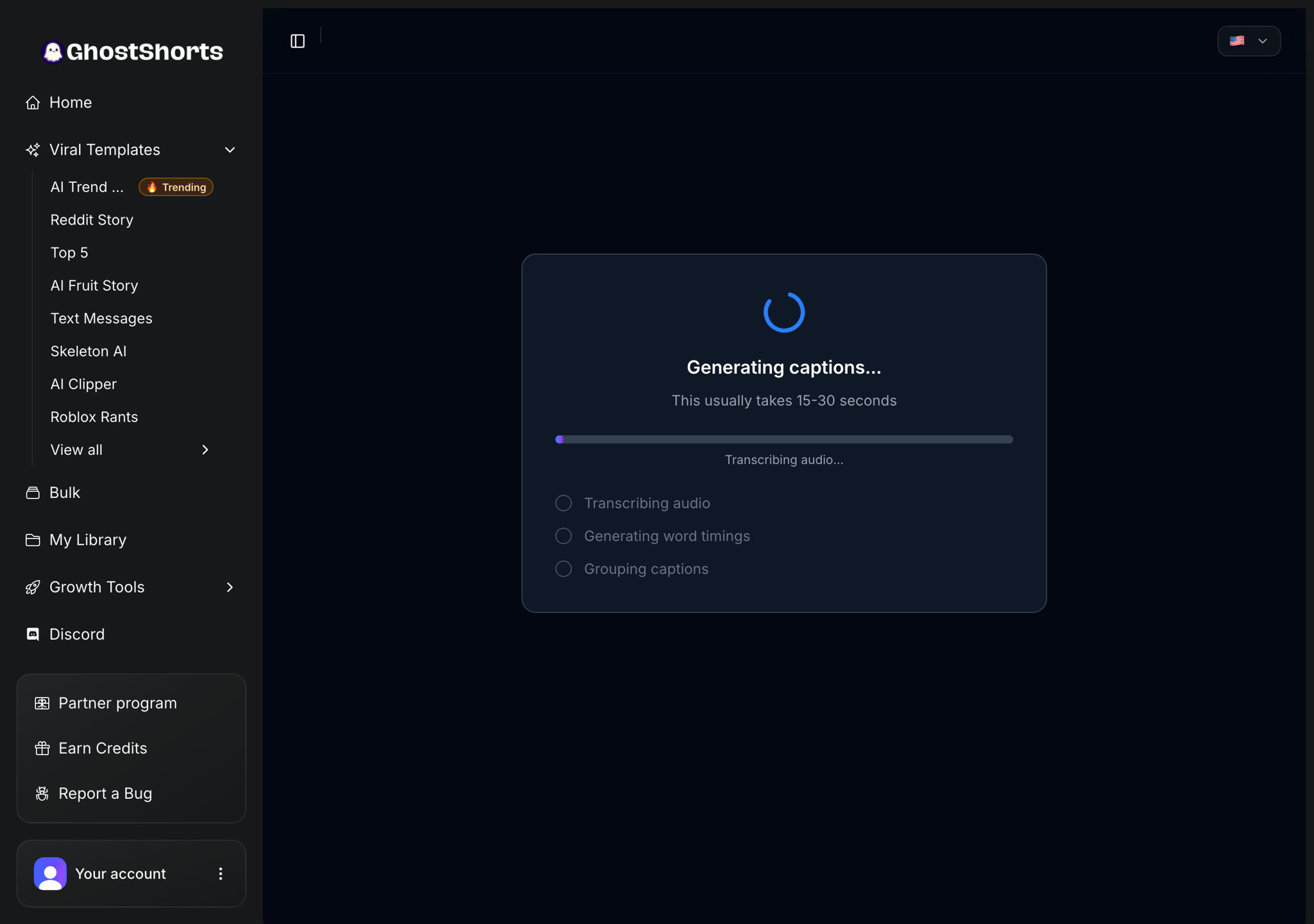The Generating captions screen: transcribing audio, generating word timings, grouping captions