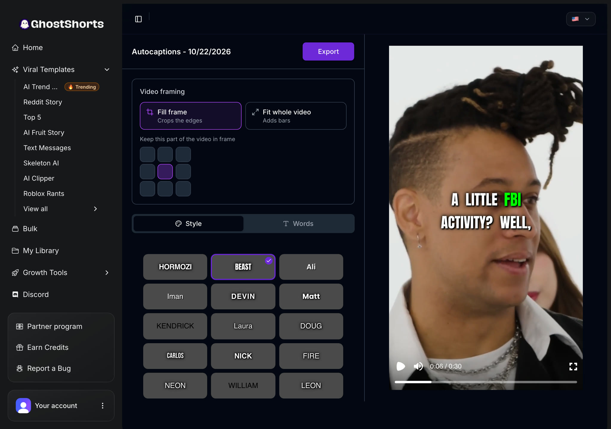 The caption editor, Style tab: 17 styles with Beast picked, the framing options, and the preview with captions on the video