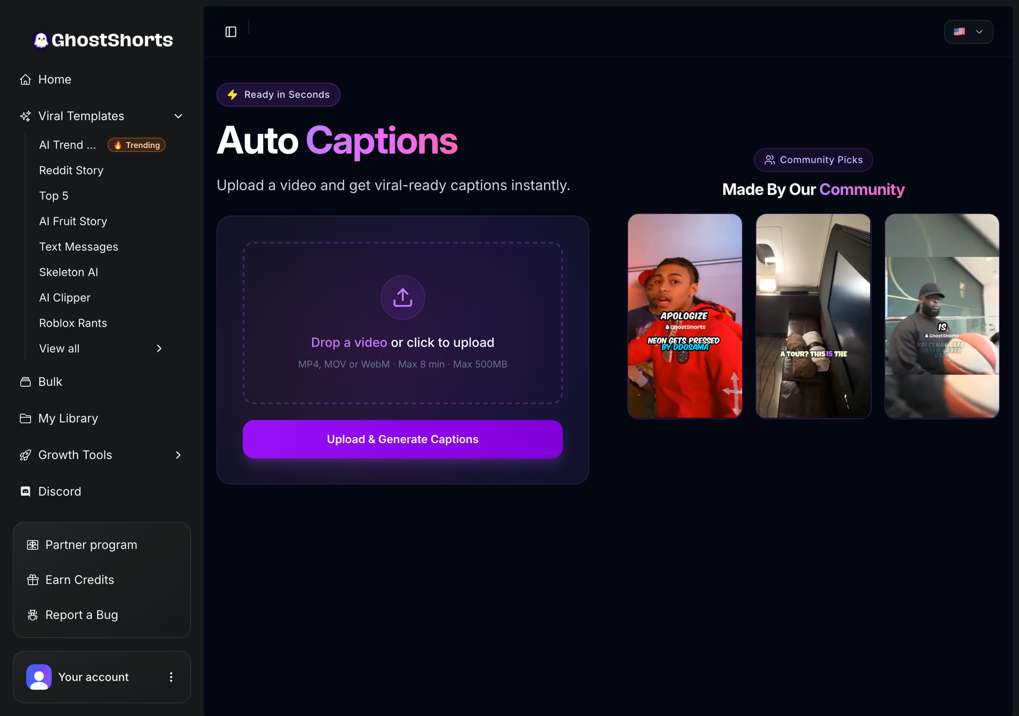 The Auto Captions app with the upload box (MP4, MOV or WebM, up to 8 minutes) and the Upload and Generate Captions button