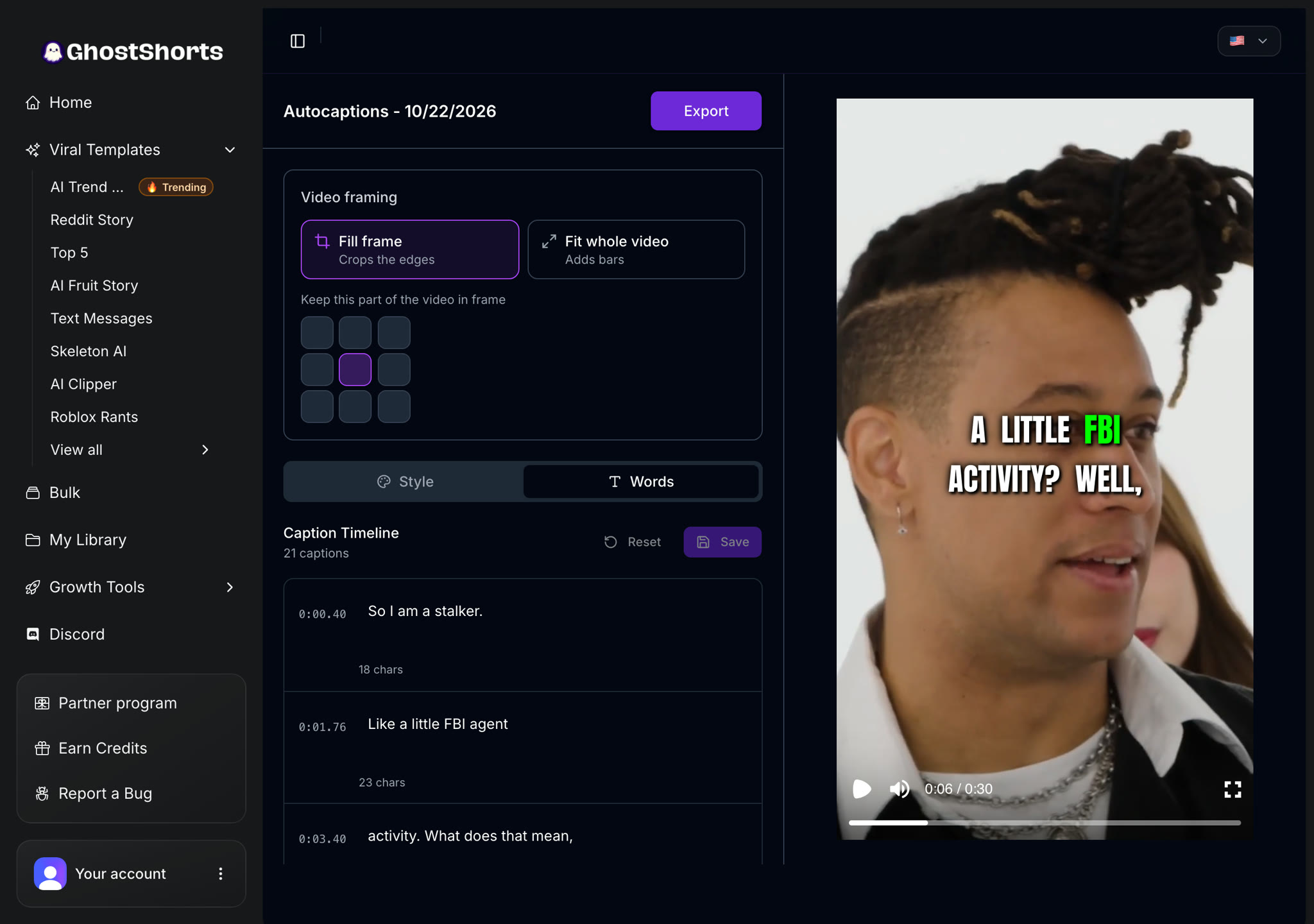 The Words tab: every caption line with its start time, ready to edit, and the preview beside it