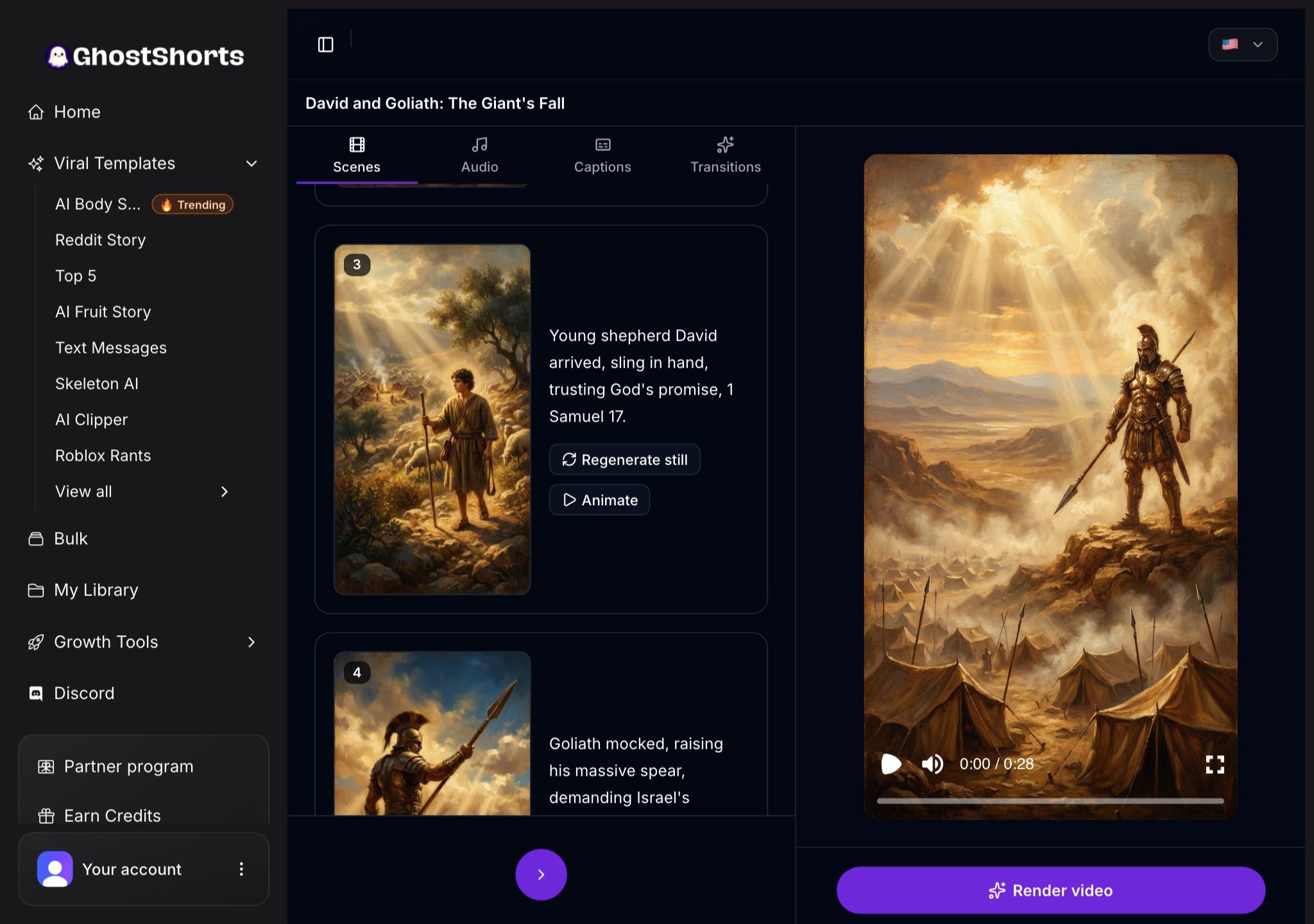 A later scene in the Scenes tab with its Regenerate still and Animate buttons