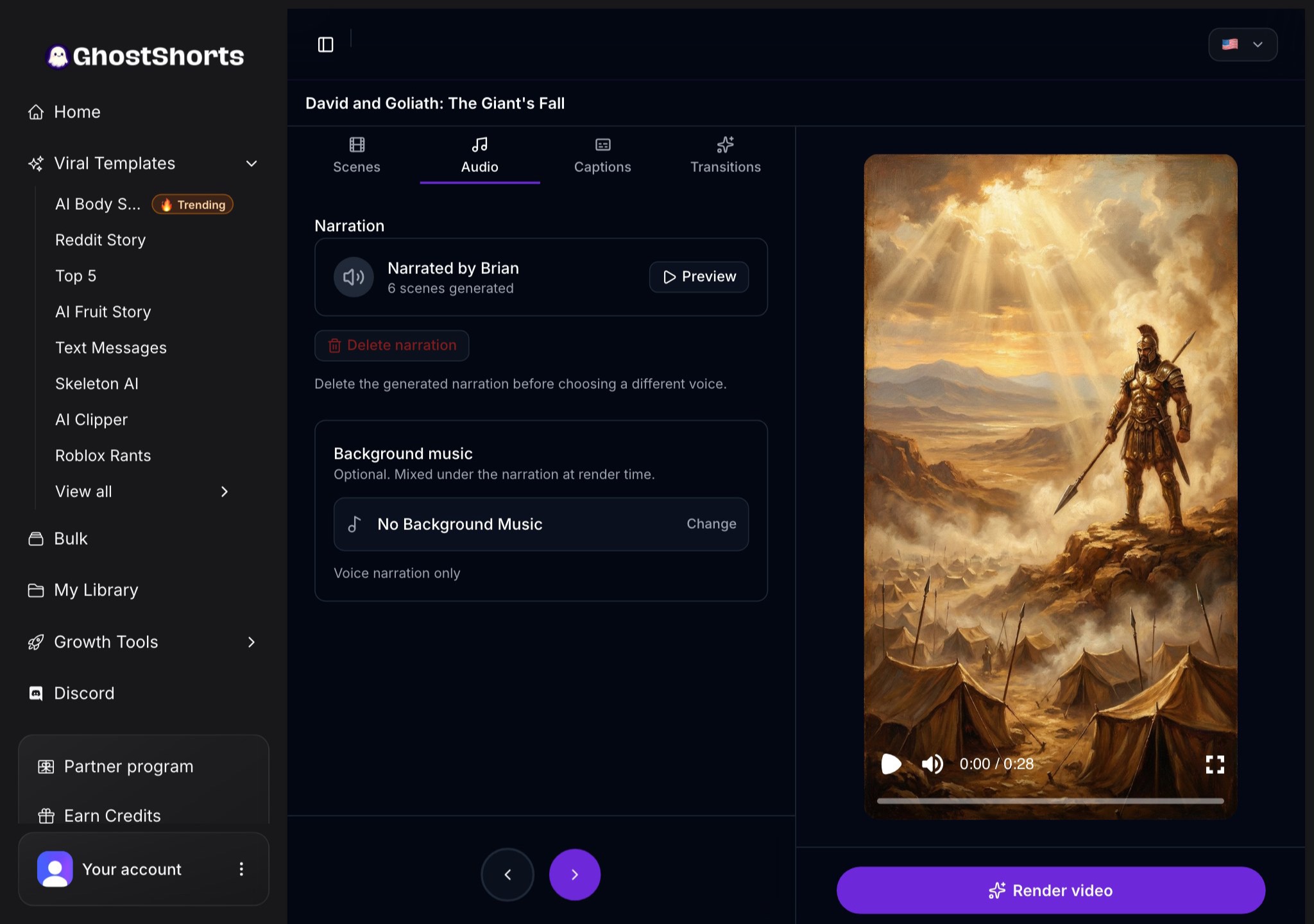 The Audio tab: the narration voice with a Preview button, and the Background music picker