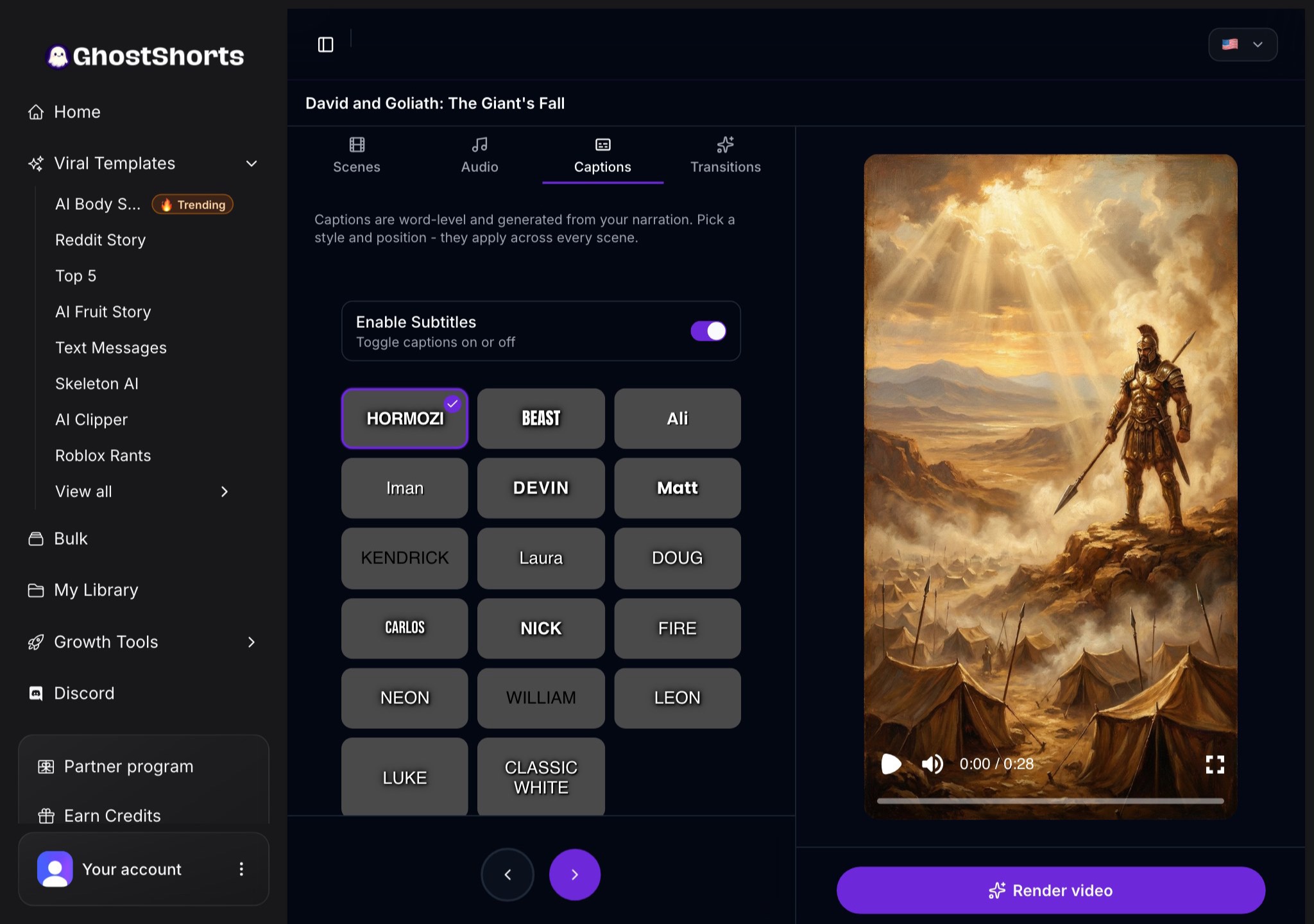 The Captions tab: subtitles switched on and the grid of caption styles