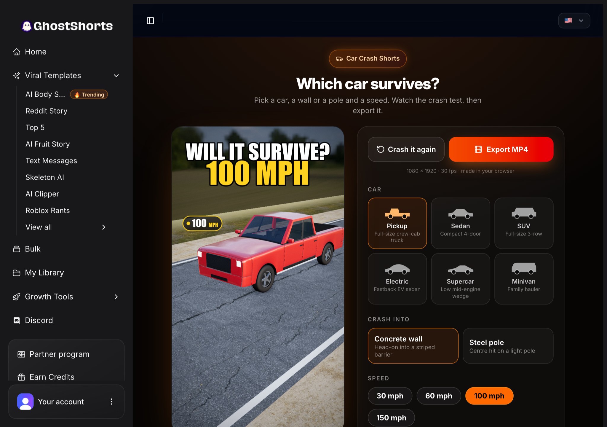 The Car Crash Shorts app: the crash preview on the left and the car picker with Pickup, Sedan, SUV, Electric, Supercar and Minivan, with Pickup selected