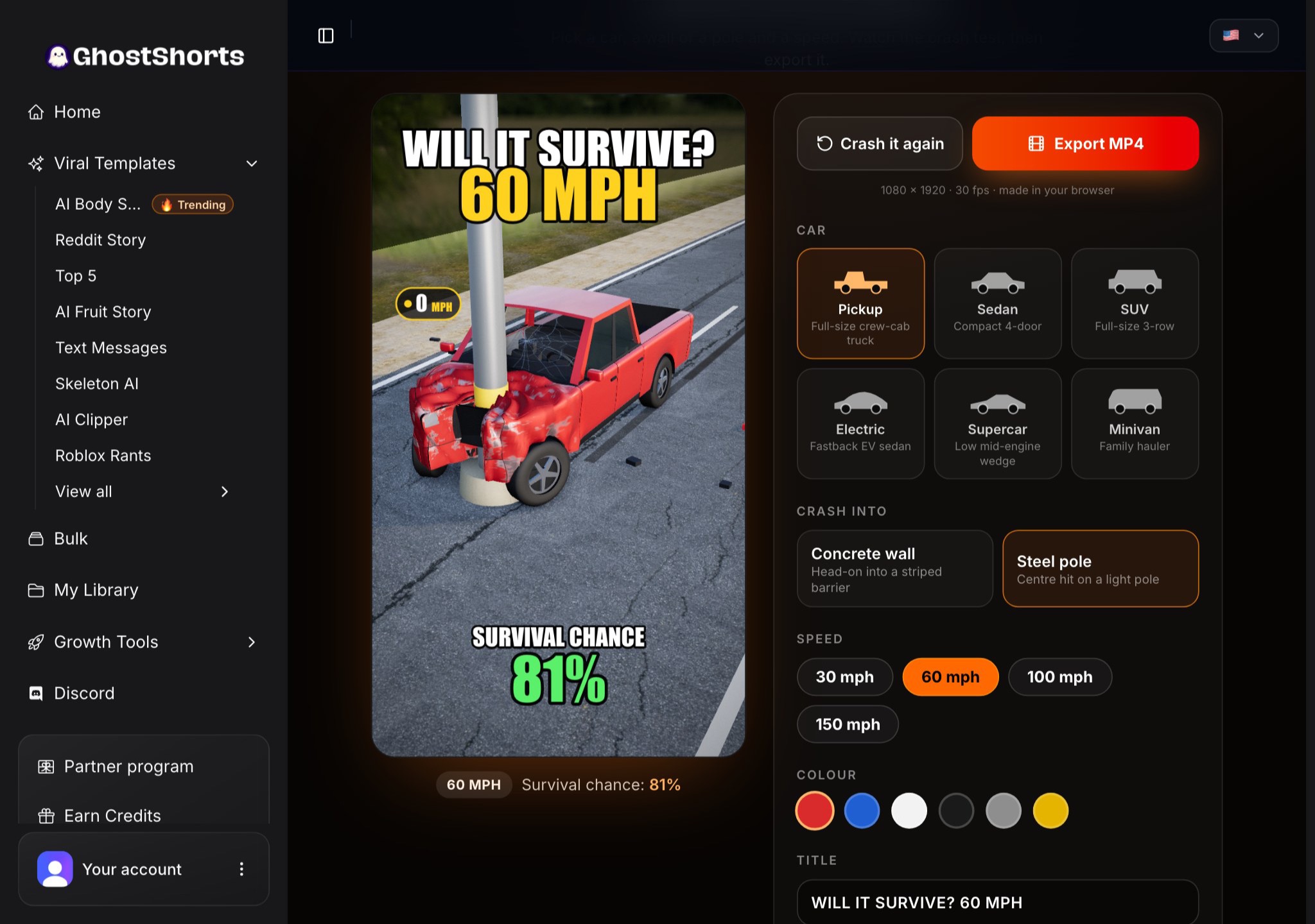 The pickup wrapped around the steel pole at 60 mph with a Survival chance of 81% on screen