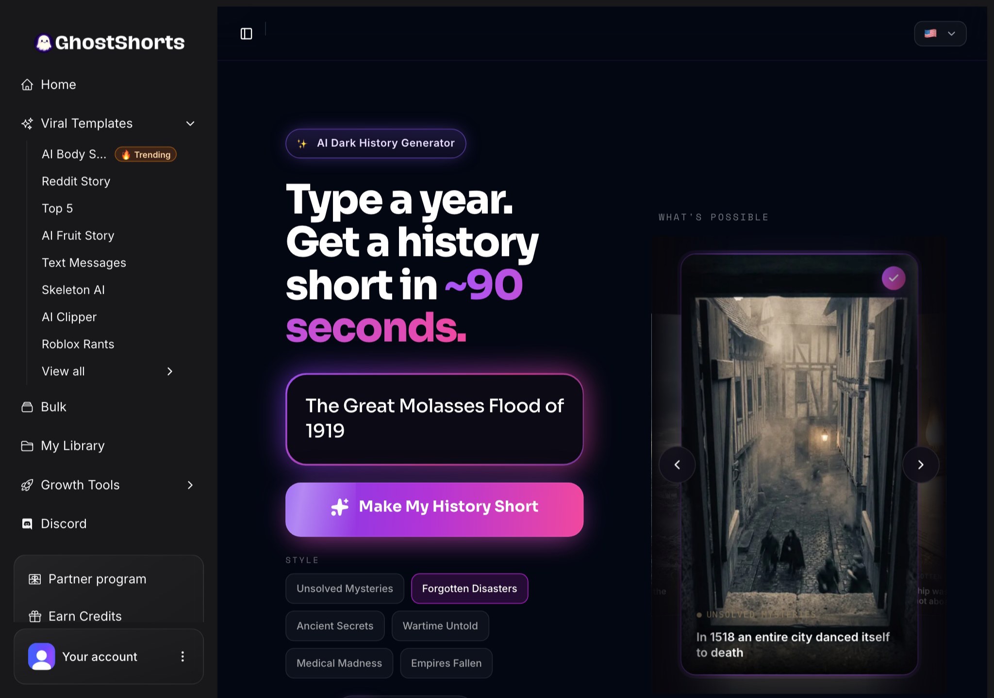 The AI Dark History app: an event typed in, the Make My History Short button and the Style chips with Forgotten Disasters picked
