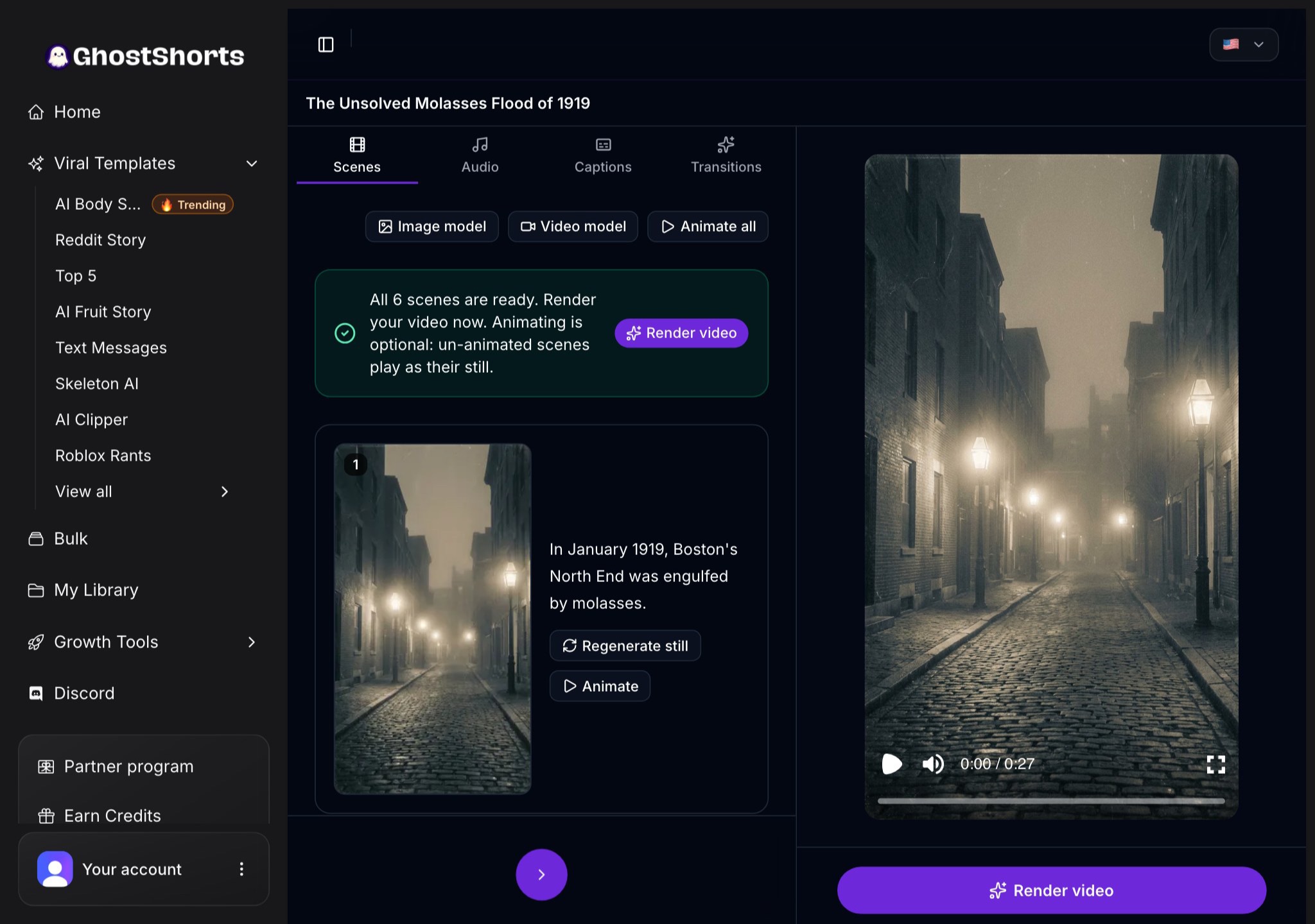 The editor Scenes tab: all 6 scenes ready, scene 1 with its still and narration line, and the video preview on the right