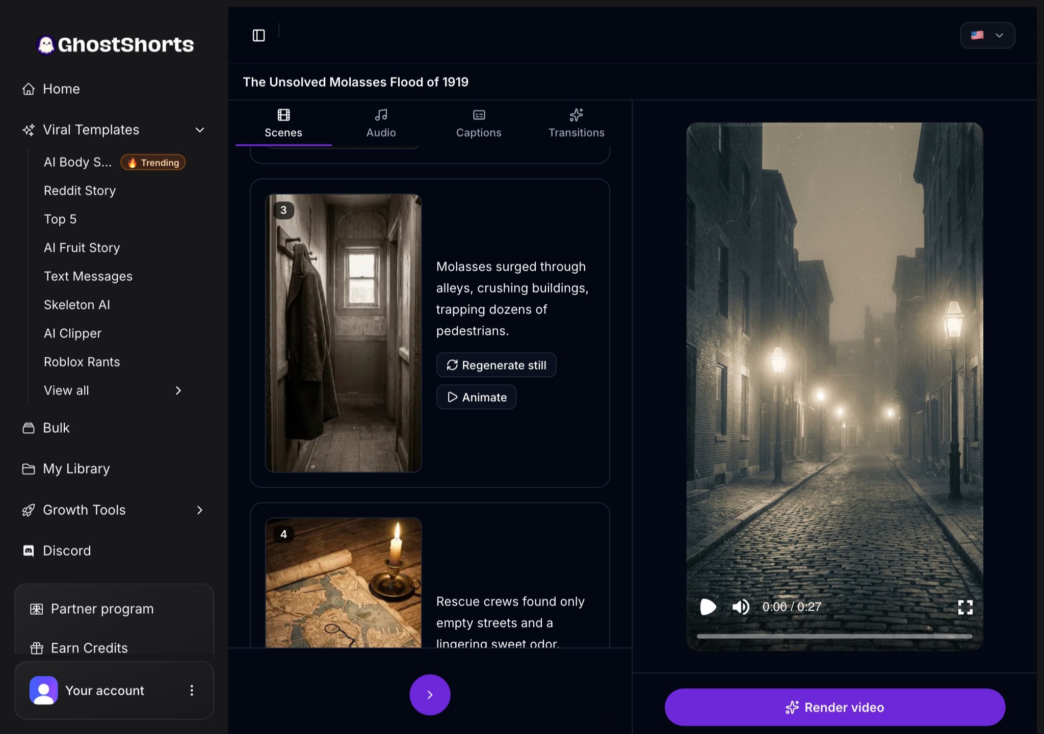 A later scene in the Scenes tab with its Regenerate still and Animate buttons