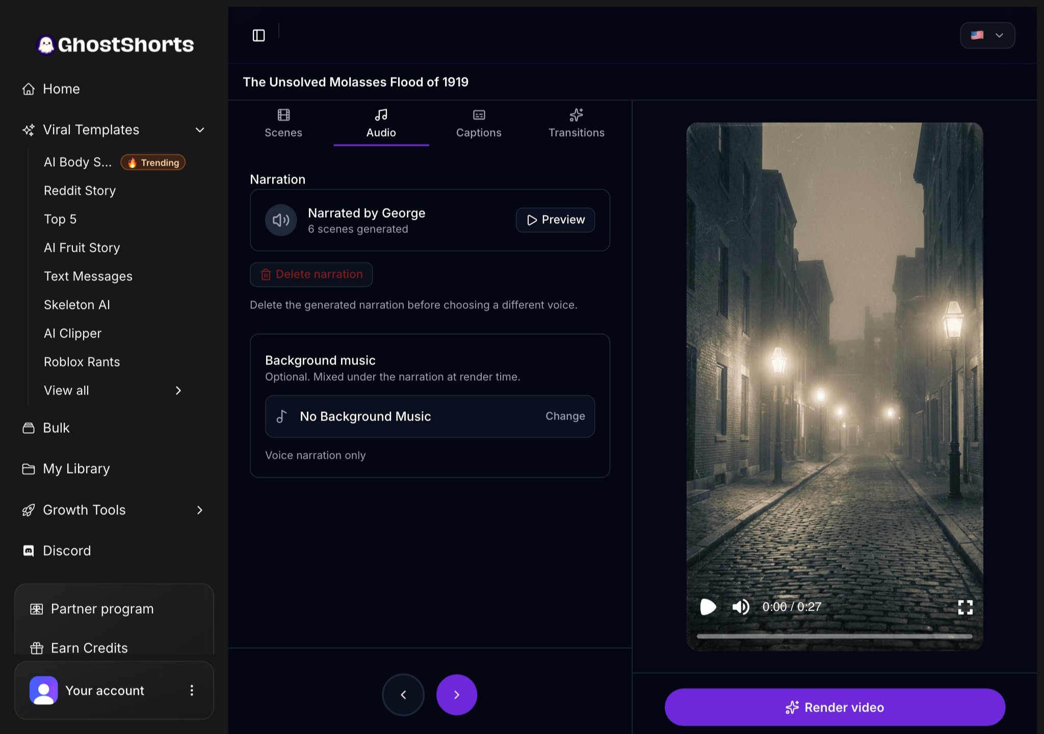 The Audio tab: the narration voice with a Preview button, and the Background music picker