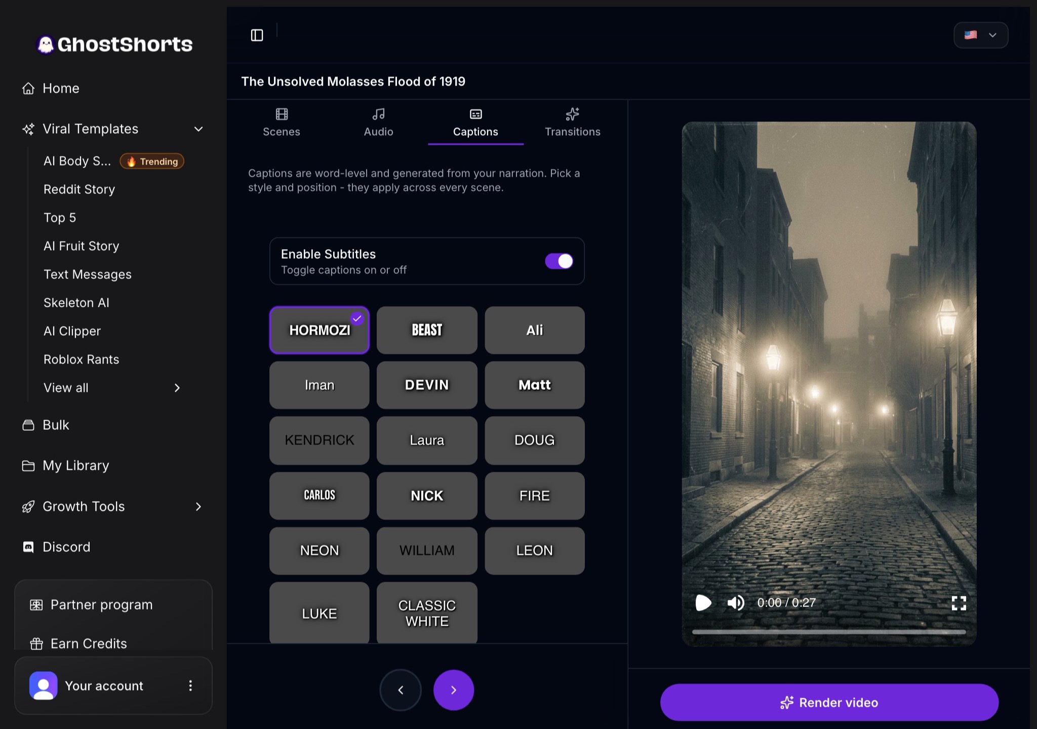 The Captions tab: subtitles switched on and the grid of caption styles