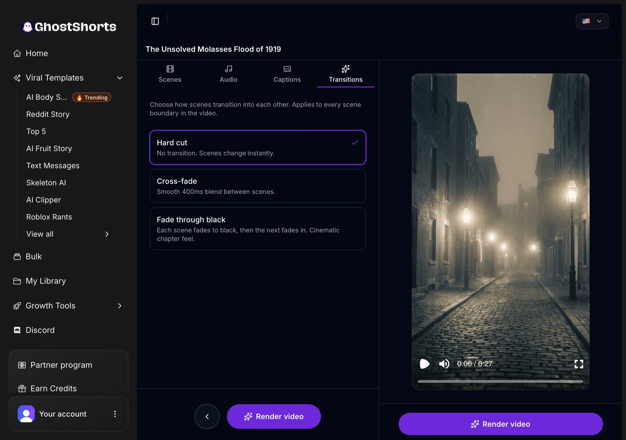 The Transitions tab: Hard cut, Cross-fade or Fade through black, and the Render video button