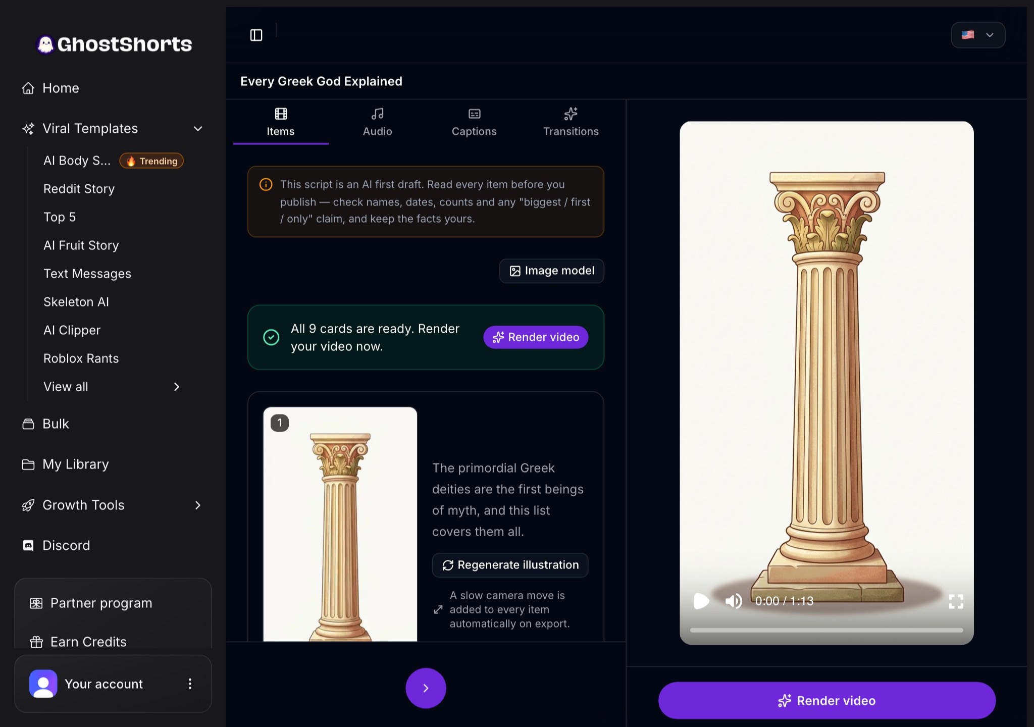 The editor Items tab: item 1 with its illustration, narration line and a Regenerate illustration button, and the video preview on the right