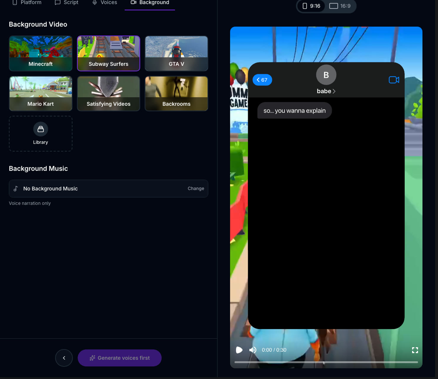 The Text Messages editor's Background tab: Minecraft, Subway Surfers, GTA V, Mario Kart, satisfying videos, Backrooms, or your own