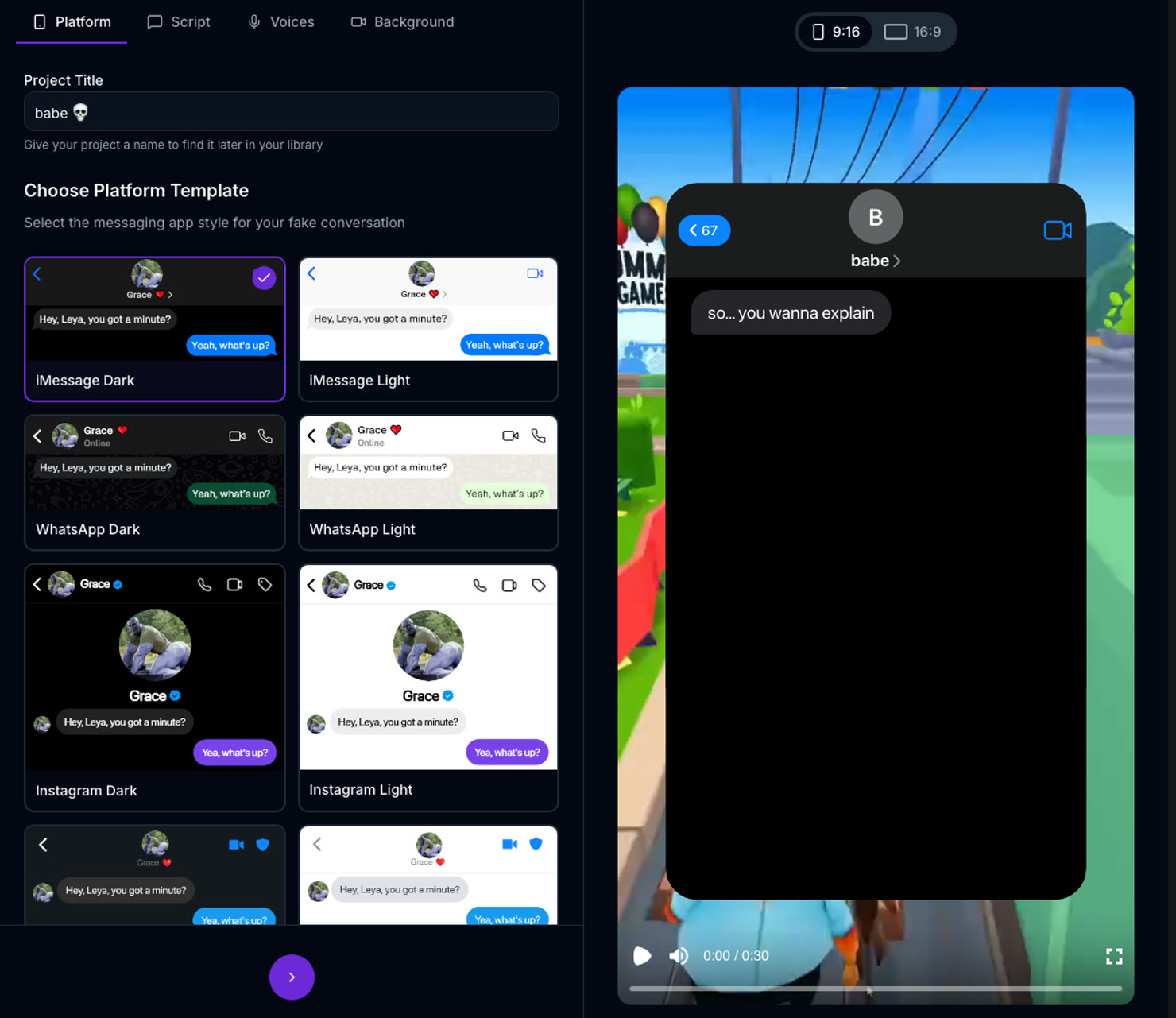 The Text Messages editor's Platform tab: iMessage, WhatsApp, Instagram and Tinder skins, dark and light