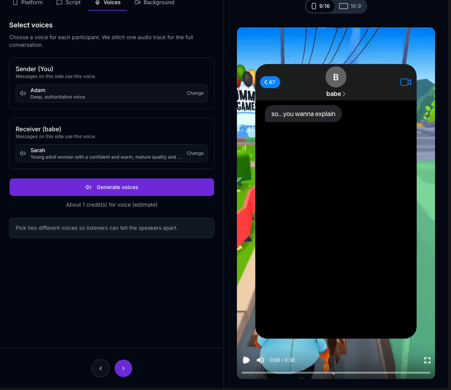 The Text Messages editor's Voices tab: one AI voice for you and one for the contact