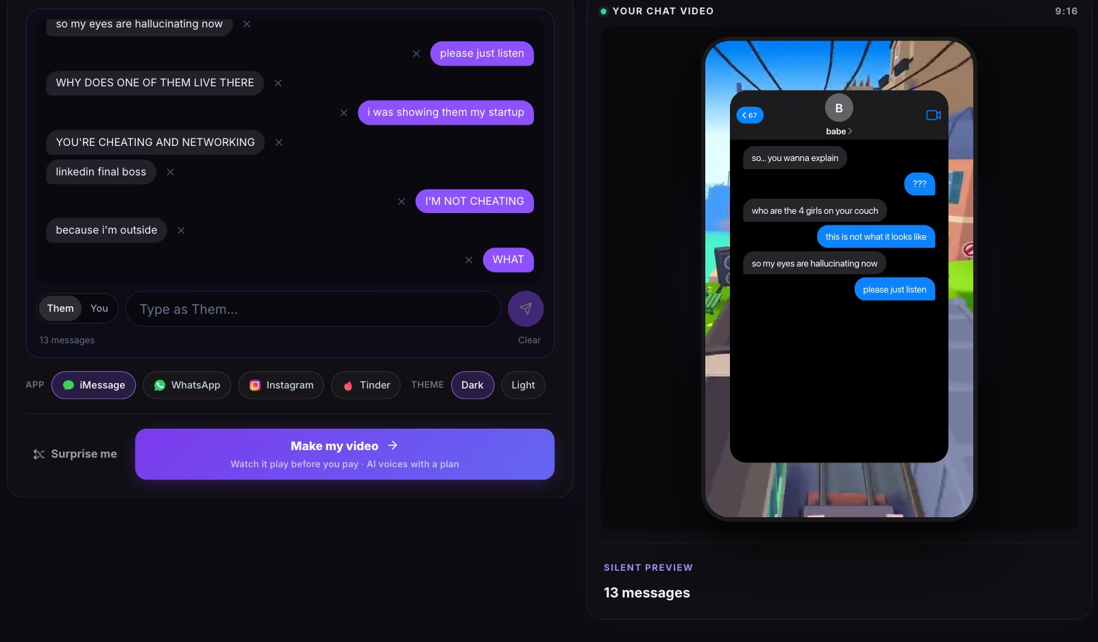 The fake text generator: a conversation typed in, with the chat playing as a video beside it