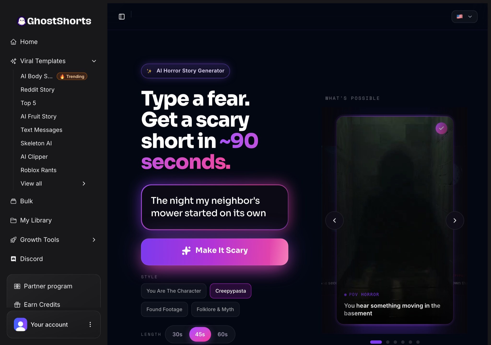 The AI Horror Story app: a fear typed in, the Make It Scary button, the Style chips and the 30, 45 or 60 second length picker