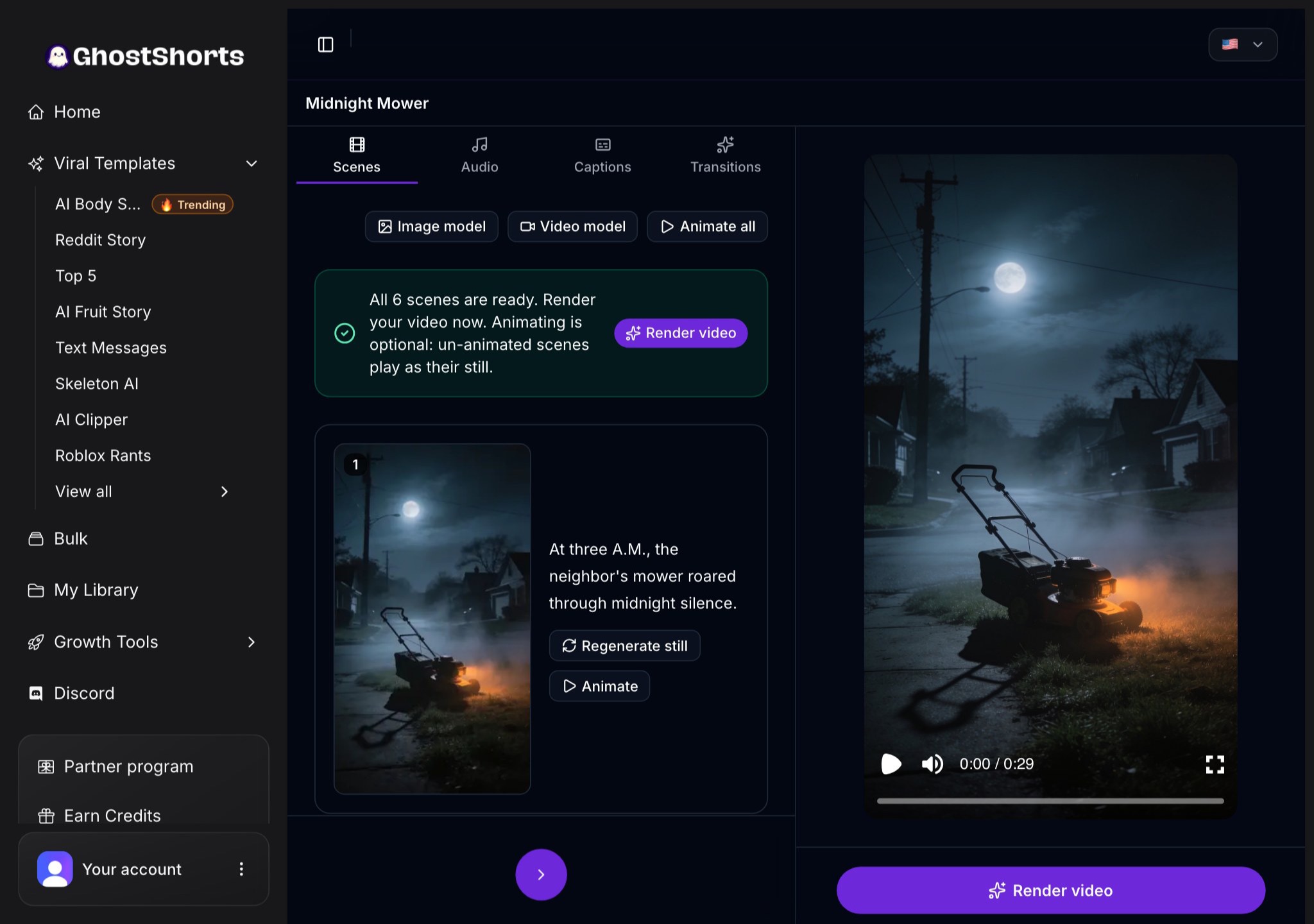 The editor Scenes tab: all 6 scenes ready, scene 1 with its still and narration line, and the video preview on the right