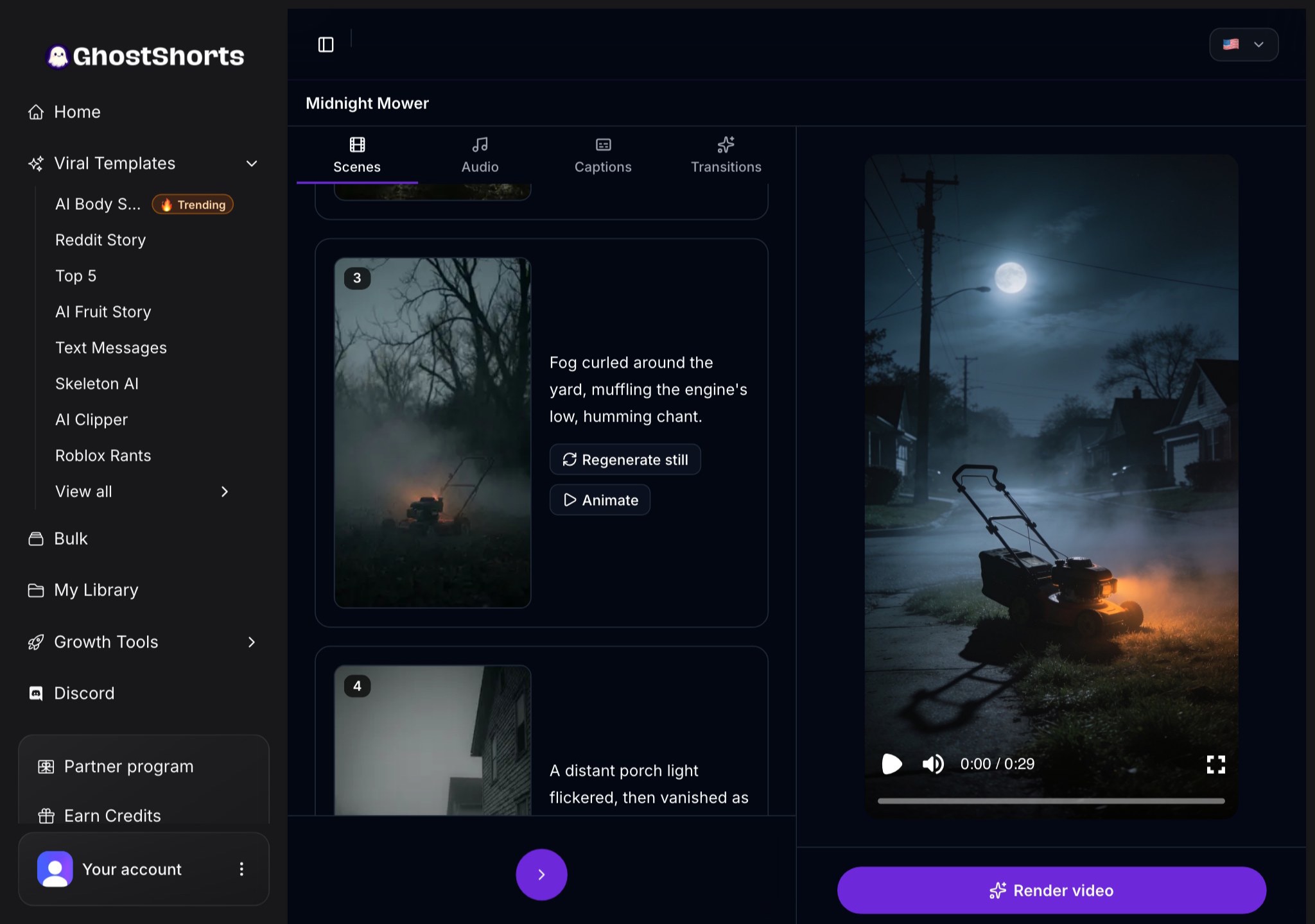 Scene 3 in the Scenes tab with its Regenerate still and Animate buttons