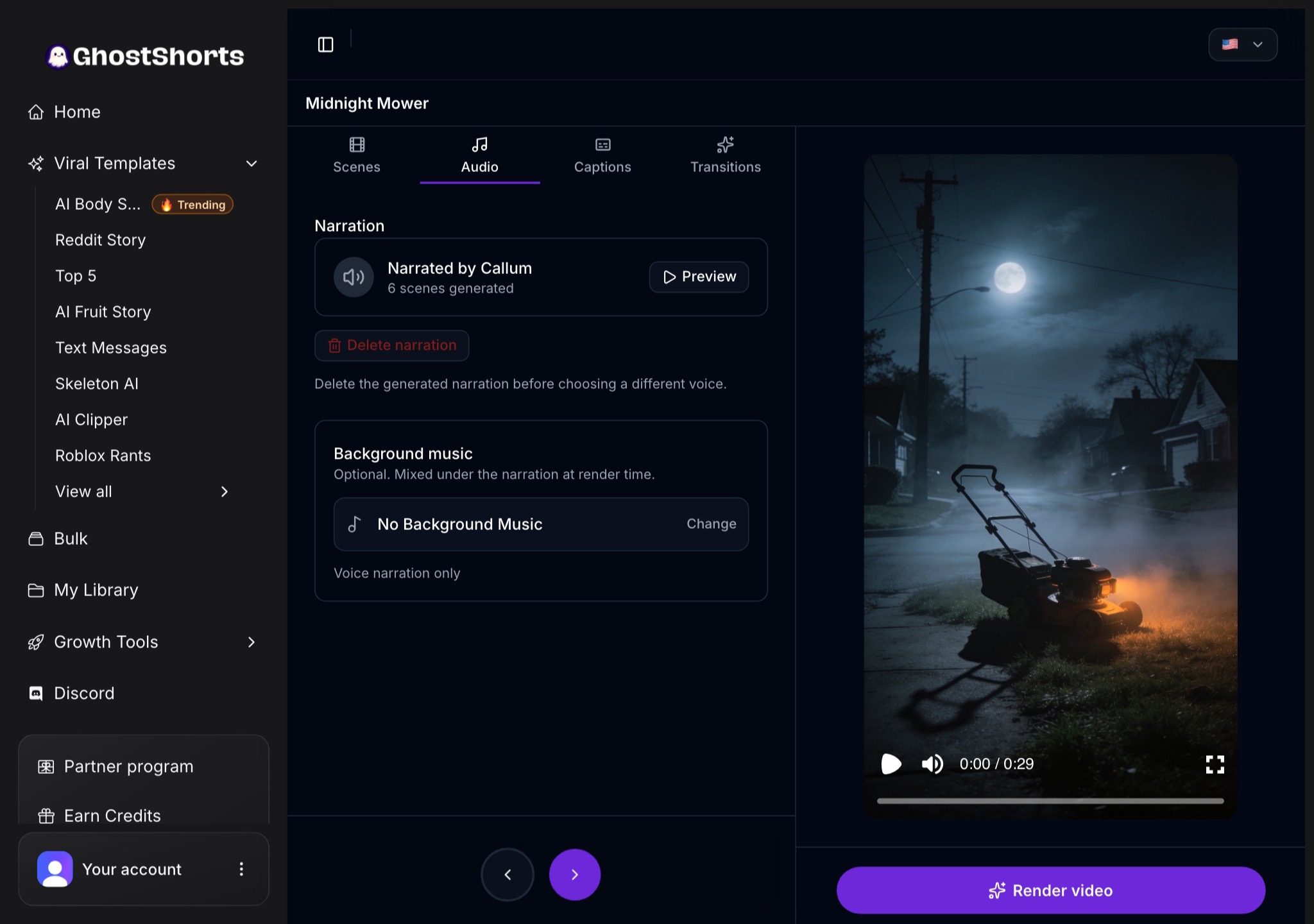 The Audio tab: the narration voice with a Preview button, and the Background music picker
