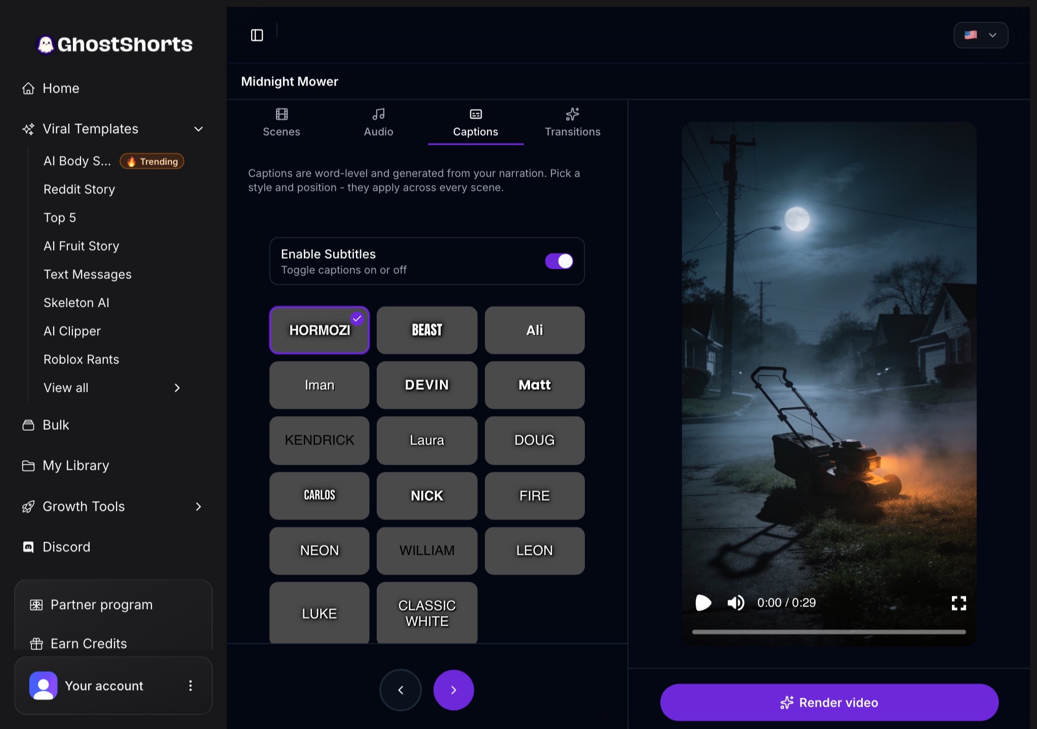 The Captions tab: subtitles switched on and the grid of caption styles