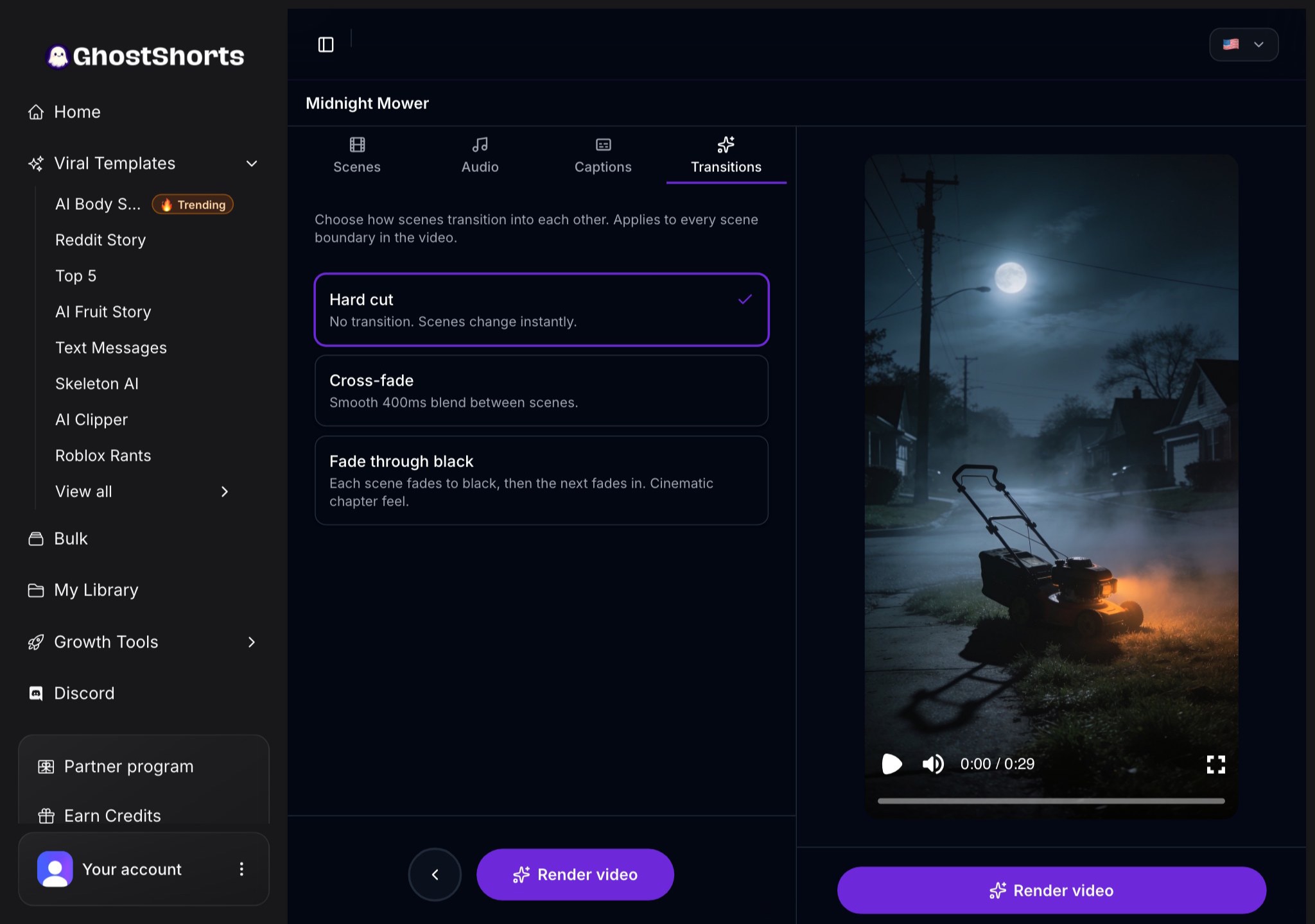 The Transitions tab: Hard cut, Cross-fade or Fade through black, and the Render video button