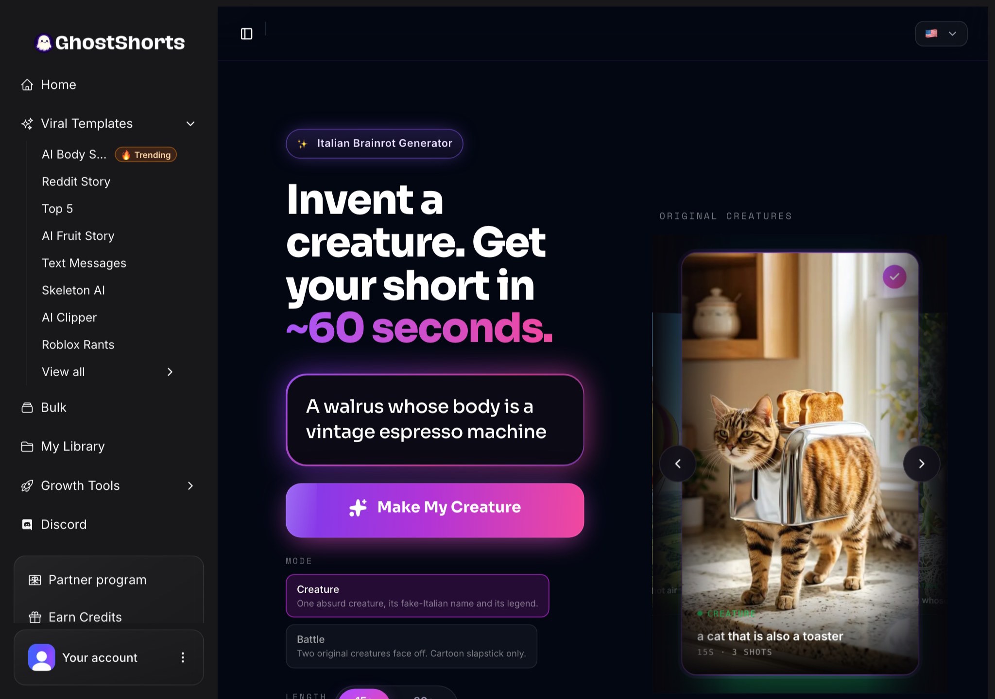 The AI Italian Brainrot app: "A walrus whose body is a vintage espresso machine" typed in, the Make My Creature button and the Creature or Battle mode picker