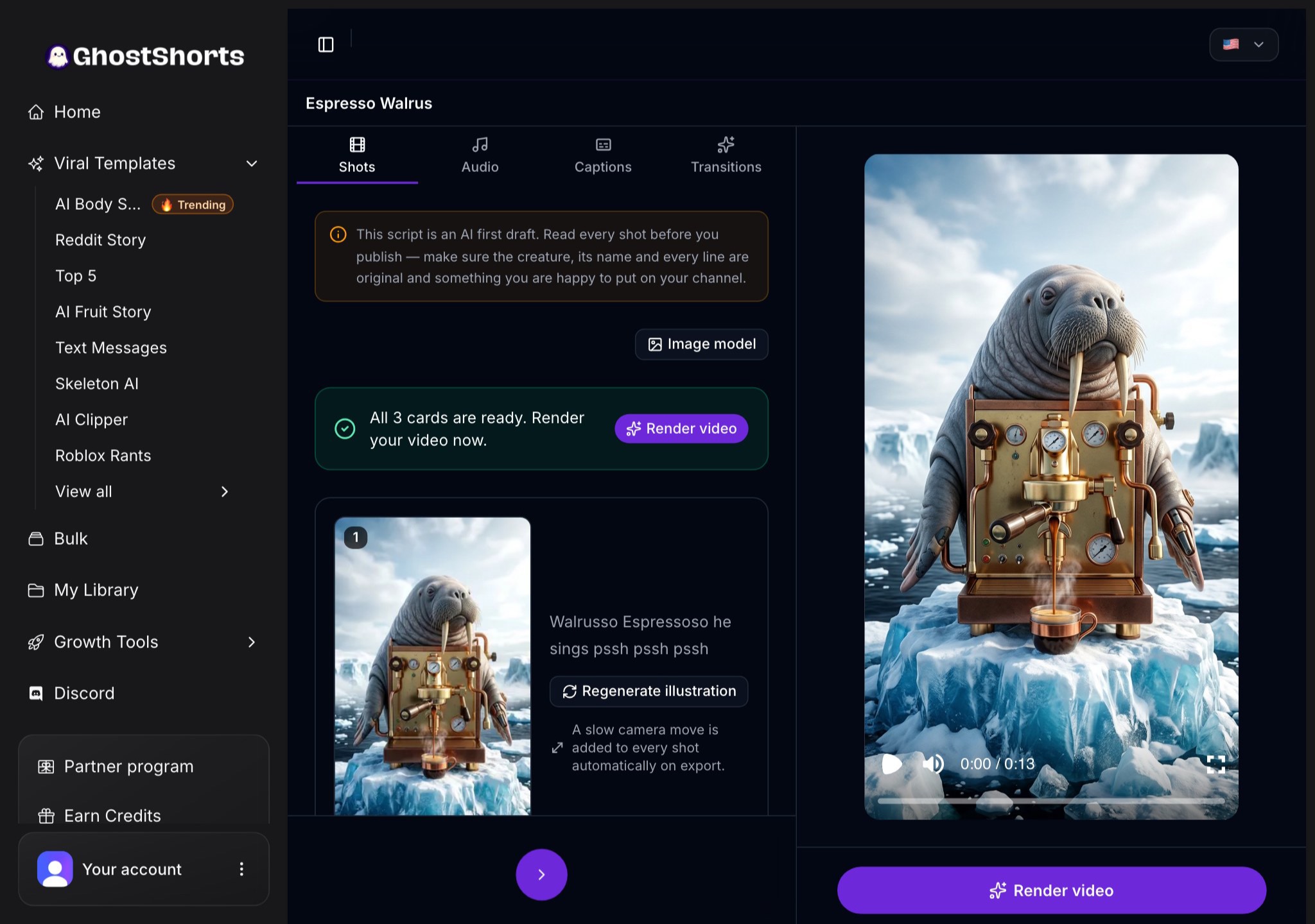 The editor Shots tab: all 3 cards ready, shot 1 with the walrus espresso machine picture, its narration line and a Regenerate illustration button