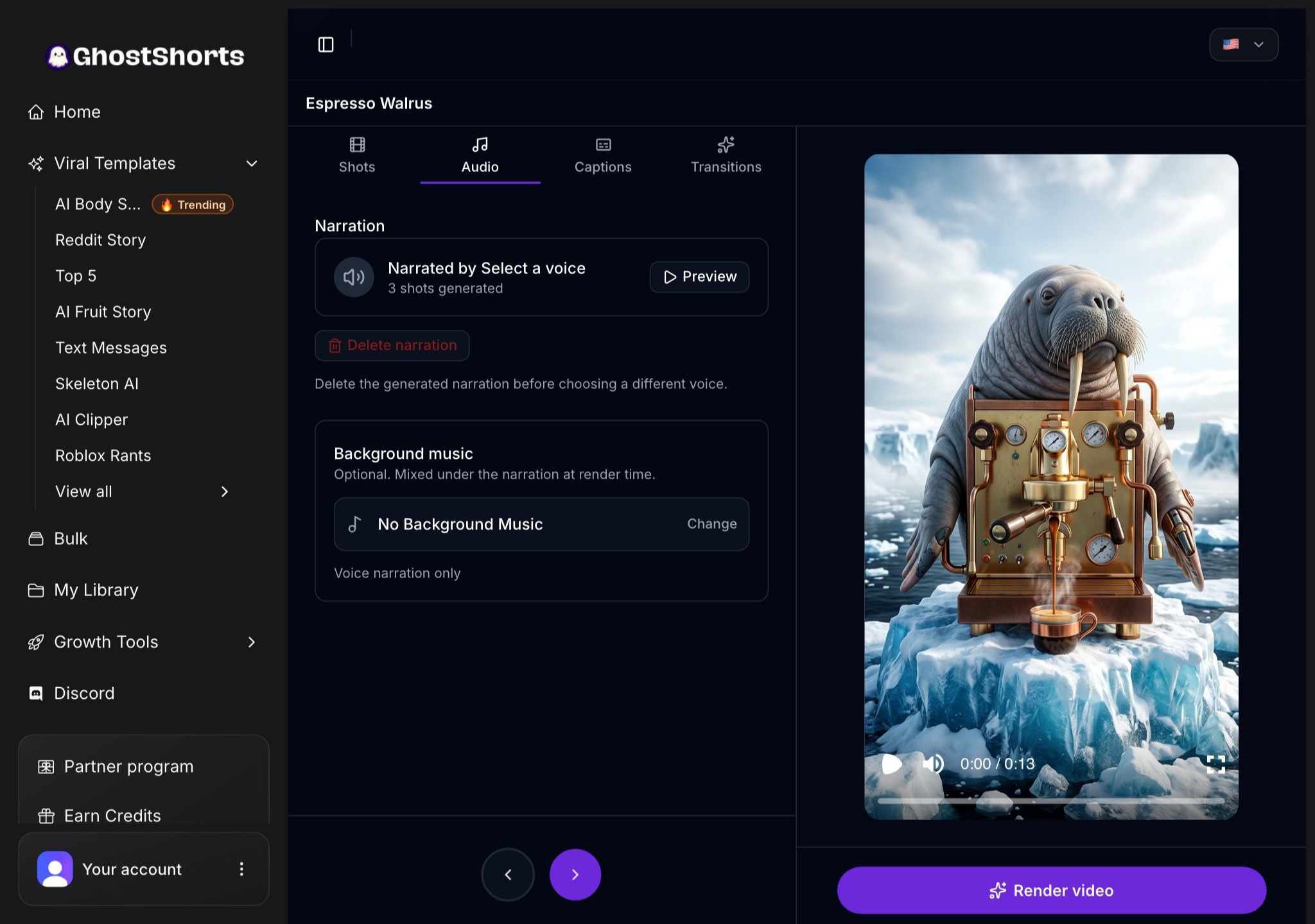 The Audio tab: the narration voice with a Preview button, and the Background music picker