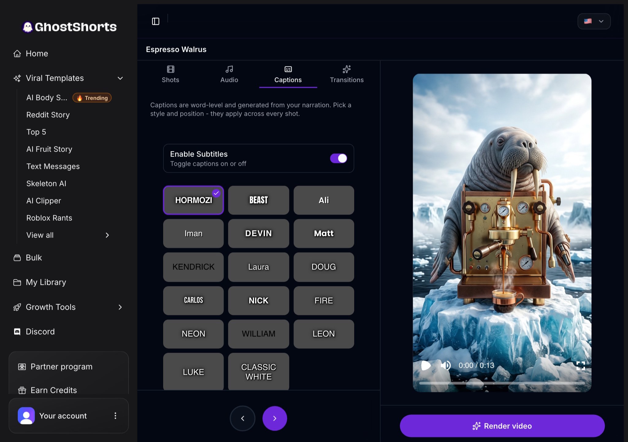 The Captions tab: subtitles switched on and the grid of caption styles