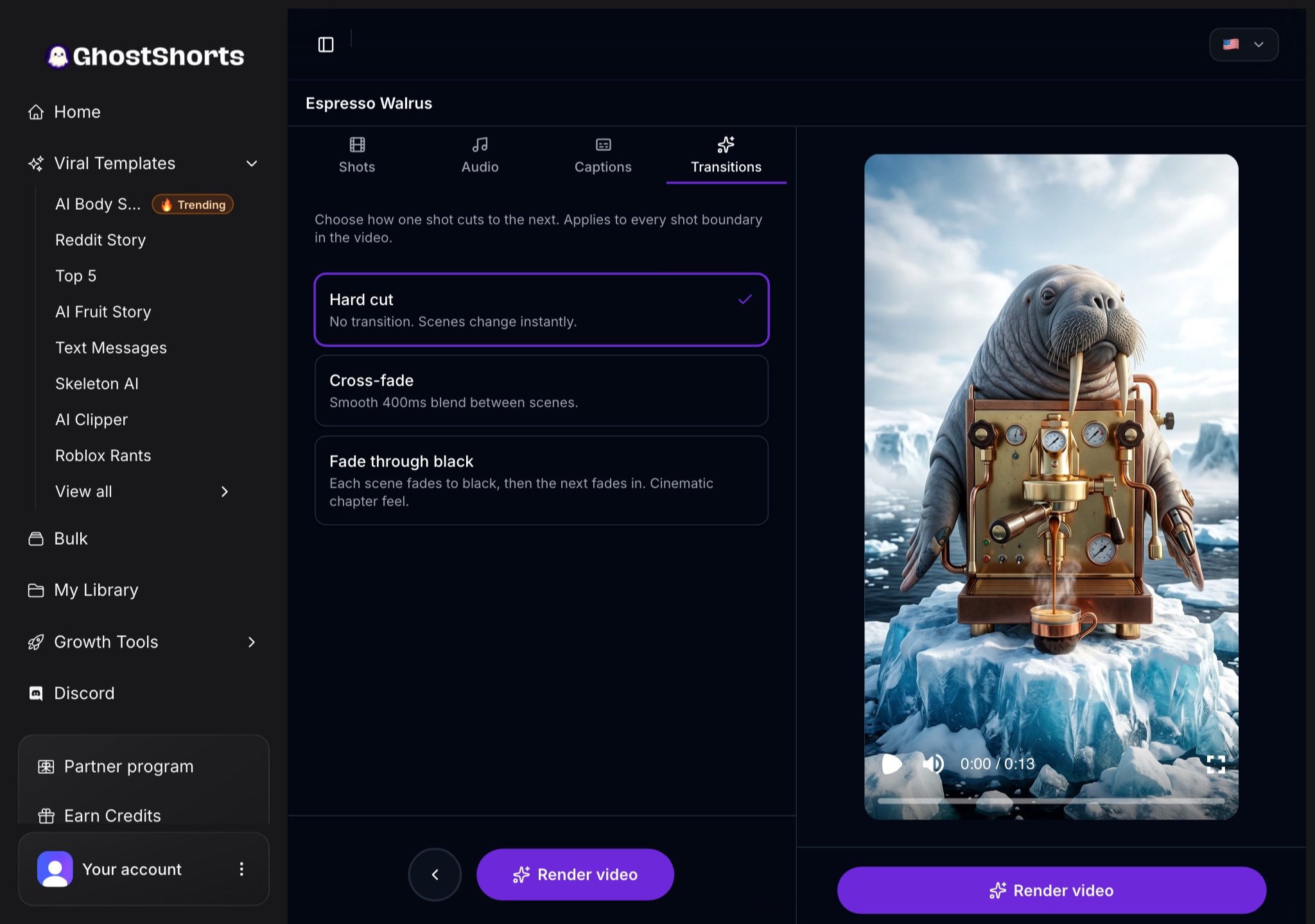 The Transitions tab: Hard cut, Cross-fade or Fade through black, and the Render video button
