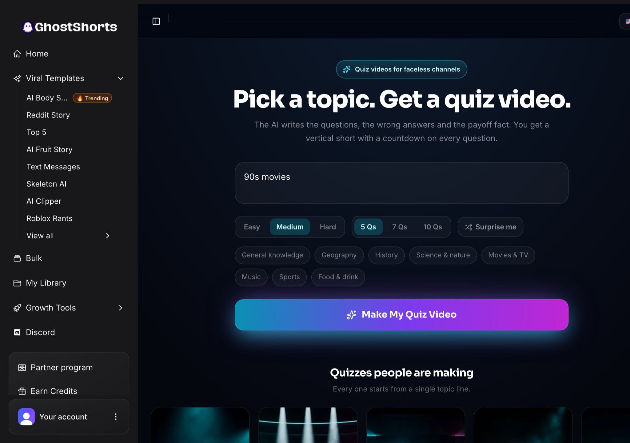 The Quiz Video app: "90s movies" typed in, Easy, Medium or Hard, 5, 7 or 10 questions, the category chips and the Make My Quiz Video button
