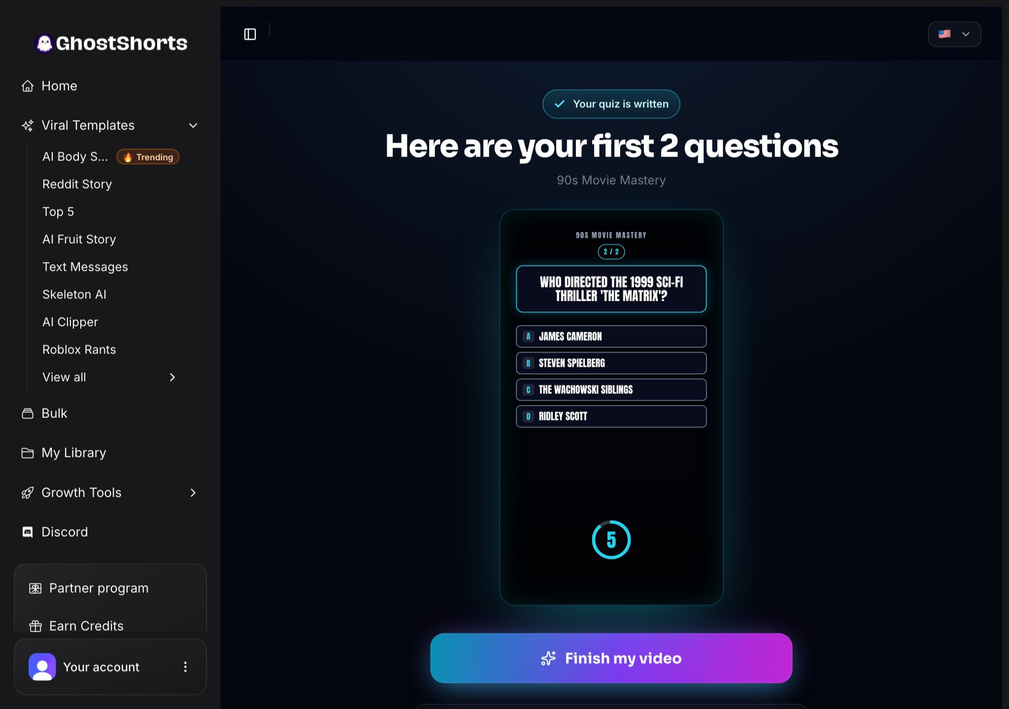 Your quiz is written: the first 2 questions playing in the quiz card with the countdown ring, and the Finish my video button