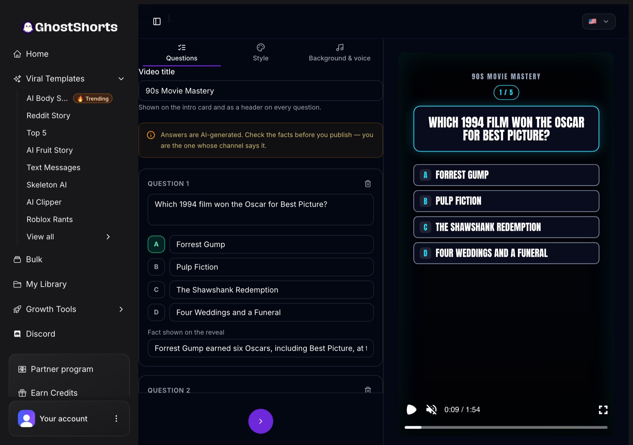 The editor Questions tab: the video title, question 1 with its four options and the correct one marked, the fact shown on the reveal, and the preview on the right