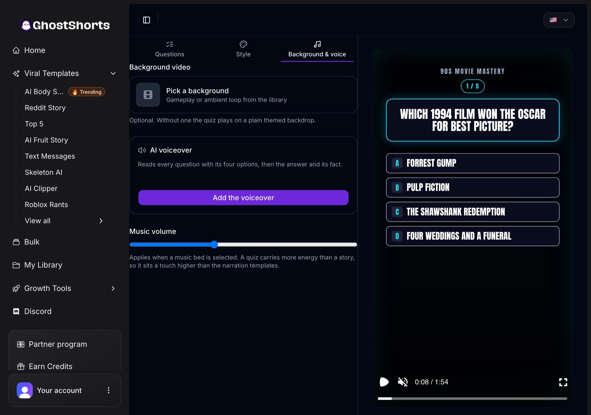 The Background & voice tab: Pick a background, the AI voiceover with an Add the voiceover button, Music volume, and the render button