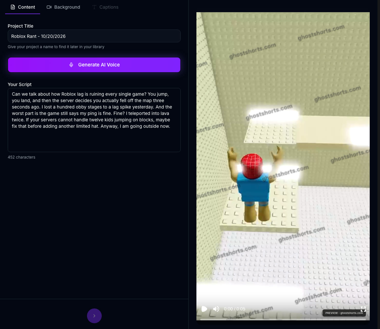 The Roblox Rants editor's Content tab: the script, the Generate AI Voice button, and the gameplay preview