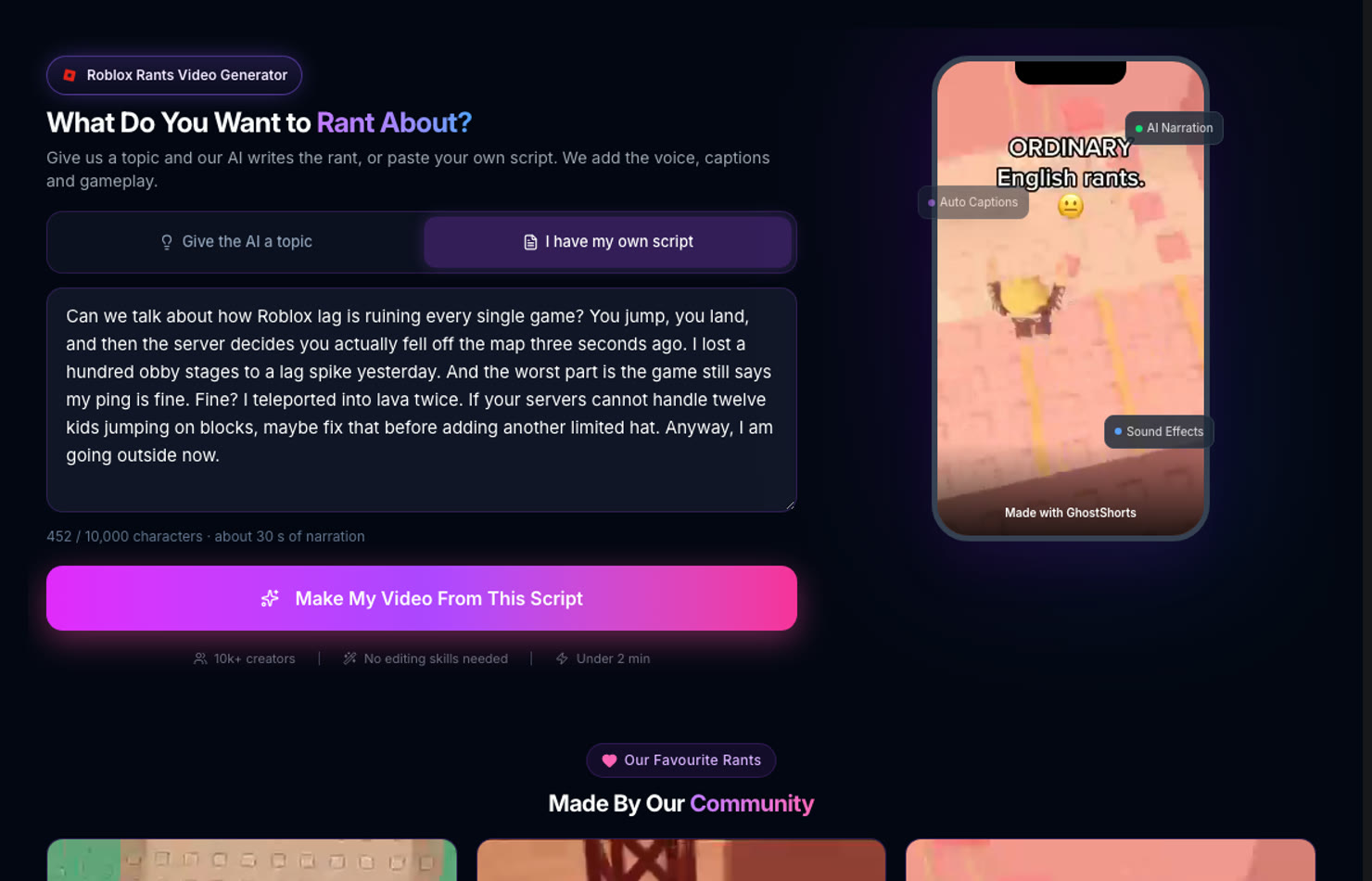 The Roblox Rants app in own-script mode: a pasted rant with a character count and an estimate of the narration length
