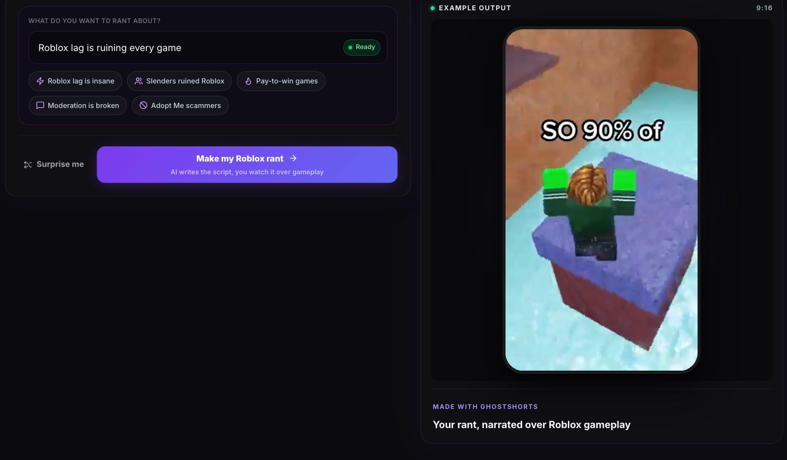 The Roblox rant generator: a topic typed in, suggested topics below, and an example rant playing beside it