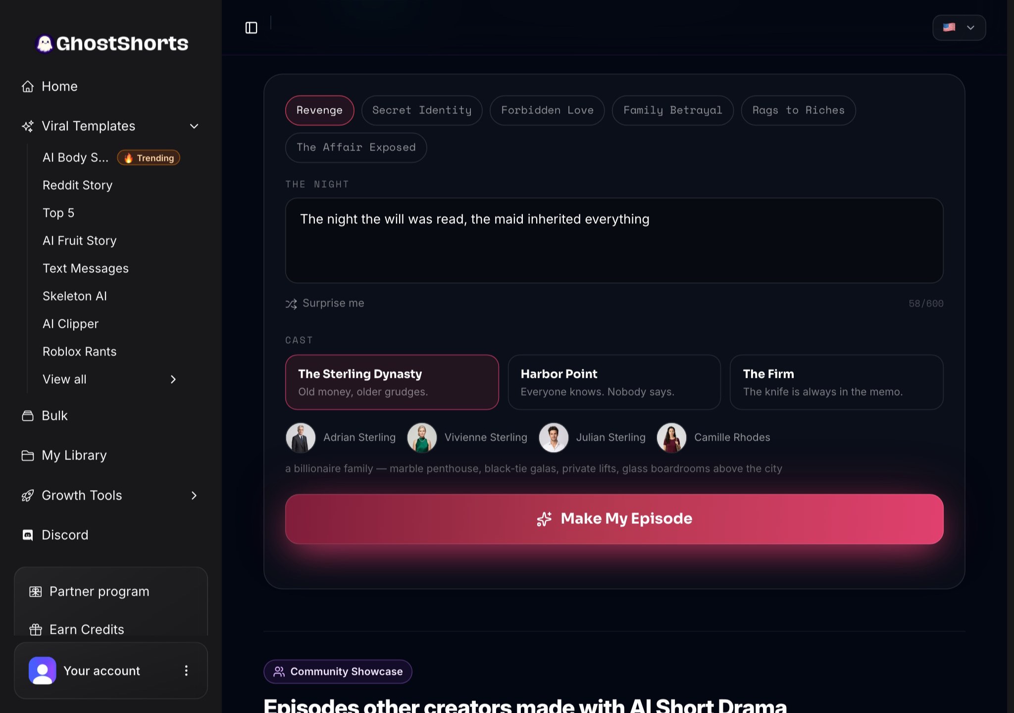 The AI Short Drama app: the genre chips with Revenge picked, a premise typed in, The Sterling Dynasty cast with its four characters, and the Make My Episode button