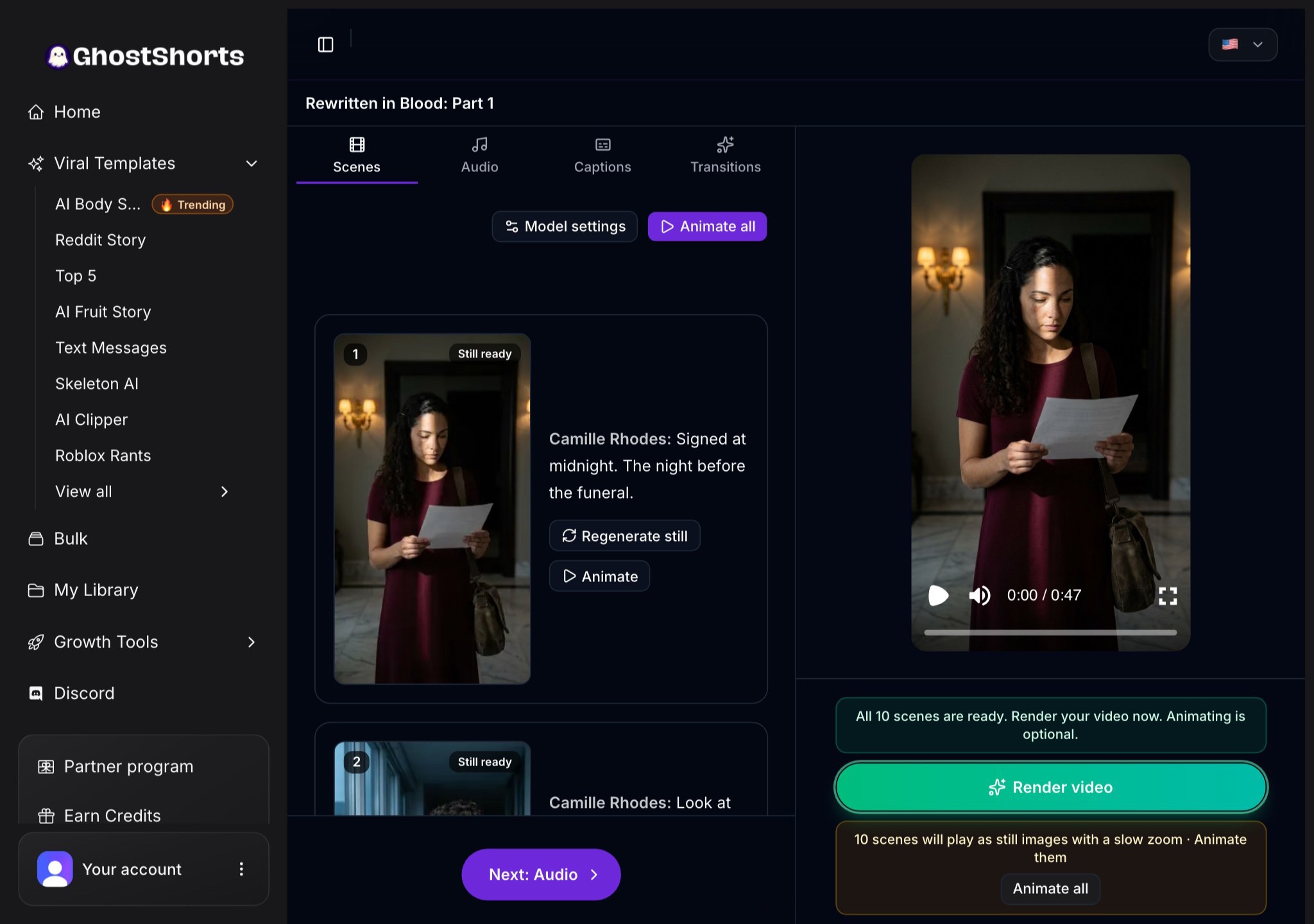 The editor Scenes tab: all 10 scenes ready, scene 1 with Camille Rhodes holding the will, her line, and Regenerate still and Animate buttons
