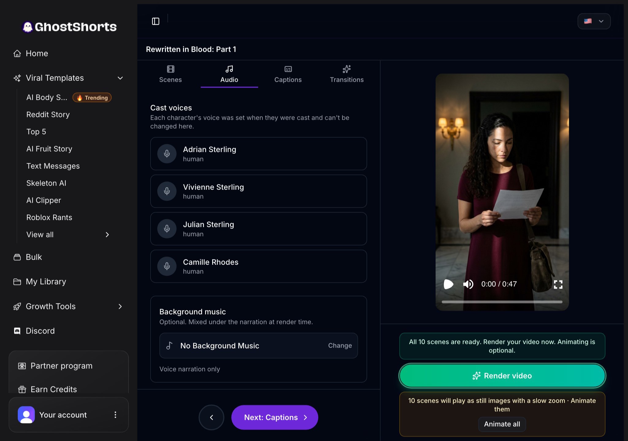 The Audio tab: each cast member's voice, and the Background music picker