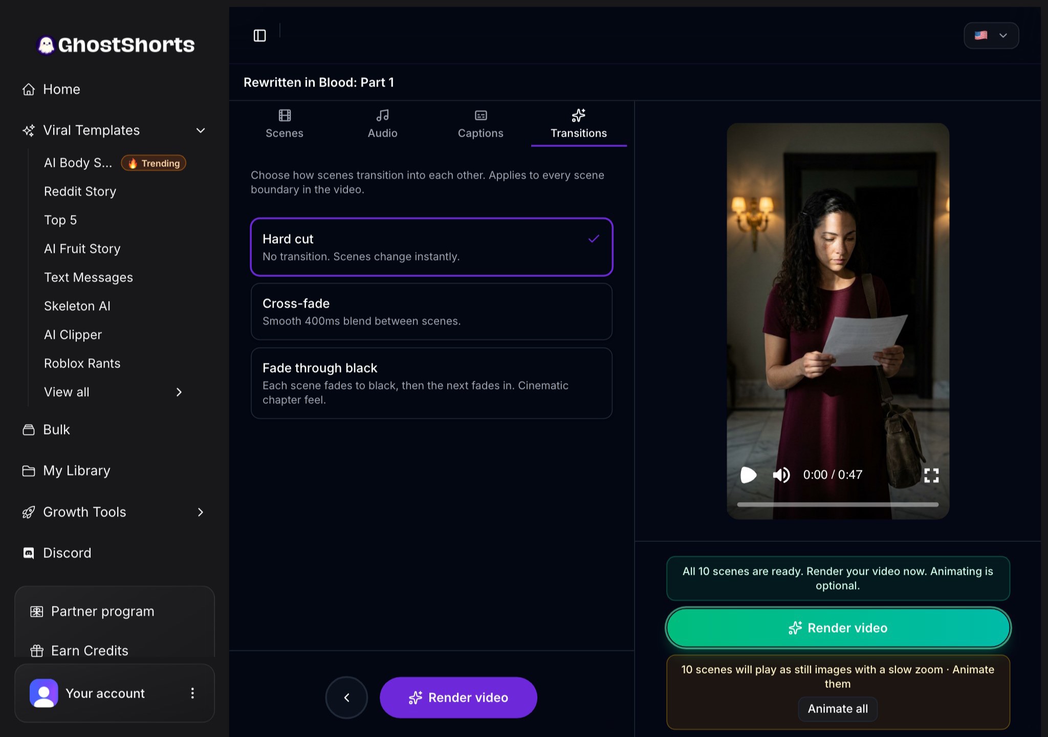 The Transitions tab: Hard cut, Cross-fade or Fade through black, and the Render video button