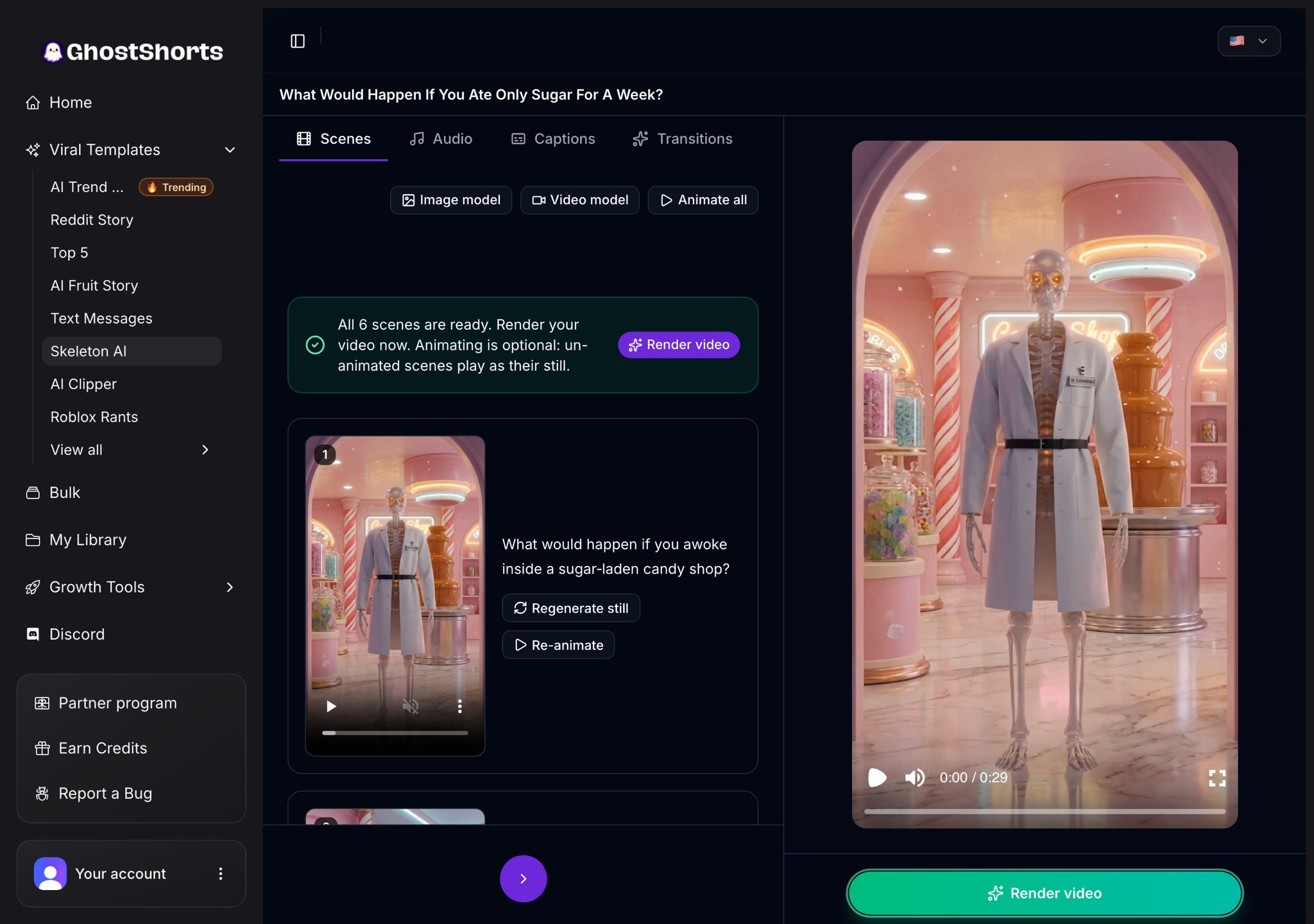 The Scenes tab with all six scenes ready, scene 1 animated with Regenerate still and Re-animate, and the preview